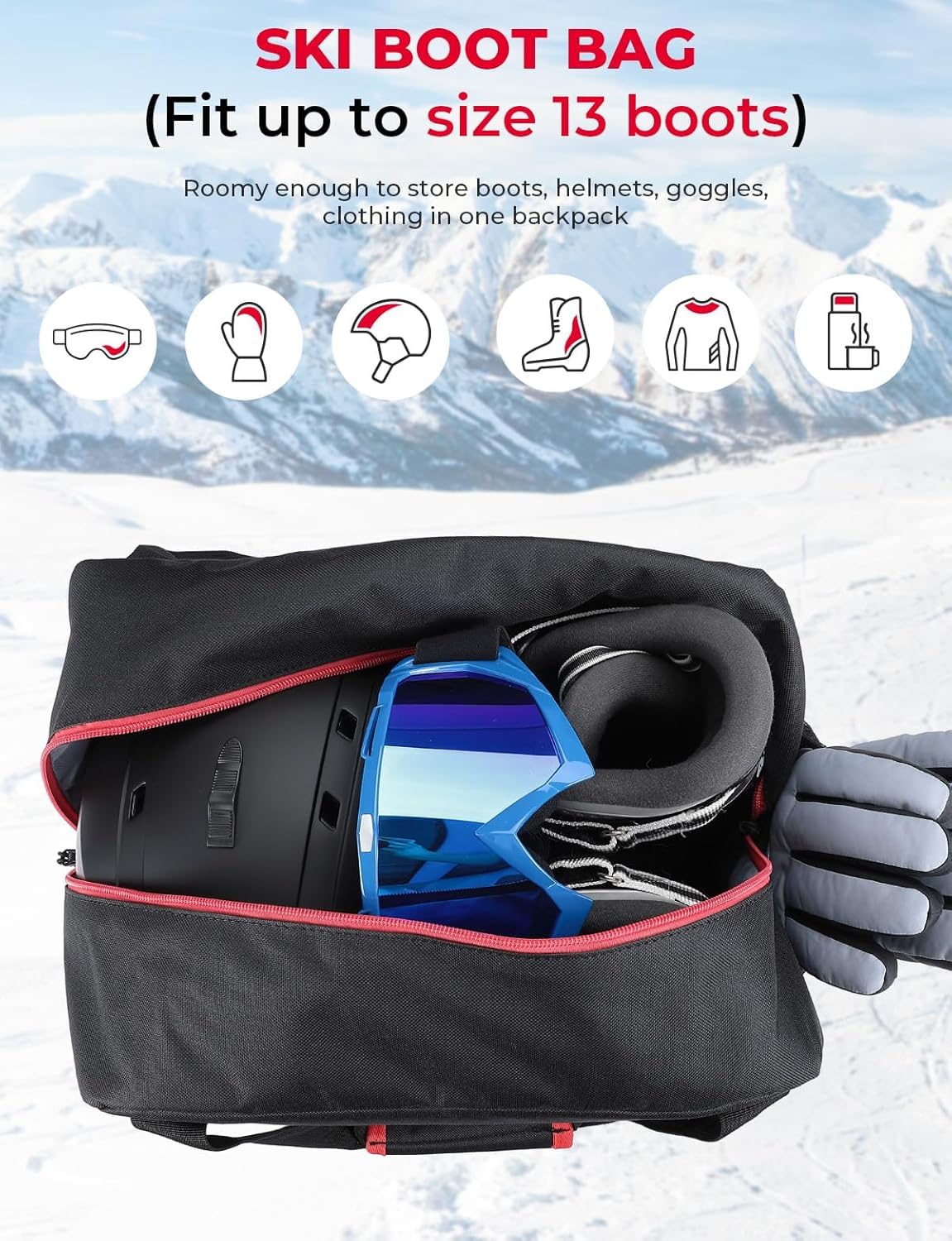KEMIMOTO Bolsa y Correa para Botas de Esquí, Adecuada para Botas de Esquí de hasta 200 cm de Largo, Capacidad de 25L, Tejido de Malla Impermeable Transpirable Duradera