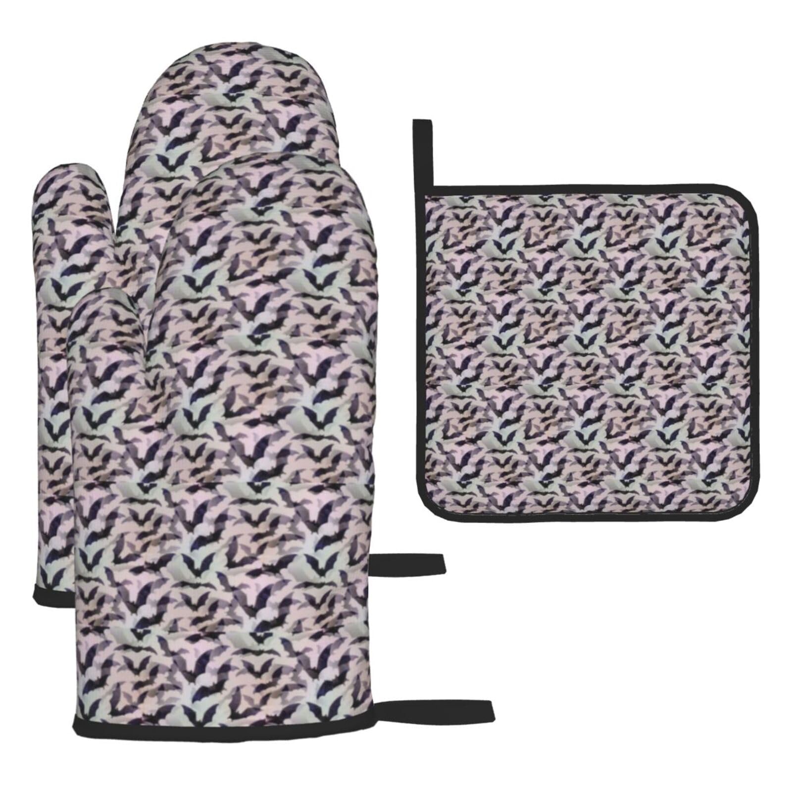 Halloween Bats Grey Print Oven Mitts Kitchen Gloves Set Everyday Baking Grilling Microwaving Cooking Gift