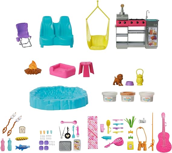 ​Barbie Dream Camper Playset, featuring Camping Accessories | with Roof Tent, Swing Chair, Fishing Pond, BBQ Grill with Color-Change Feature & 60+ Accessories Including Dough, HRJ78