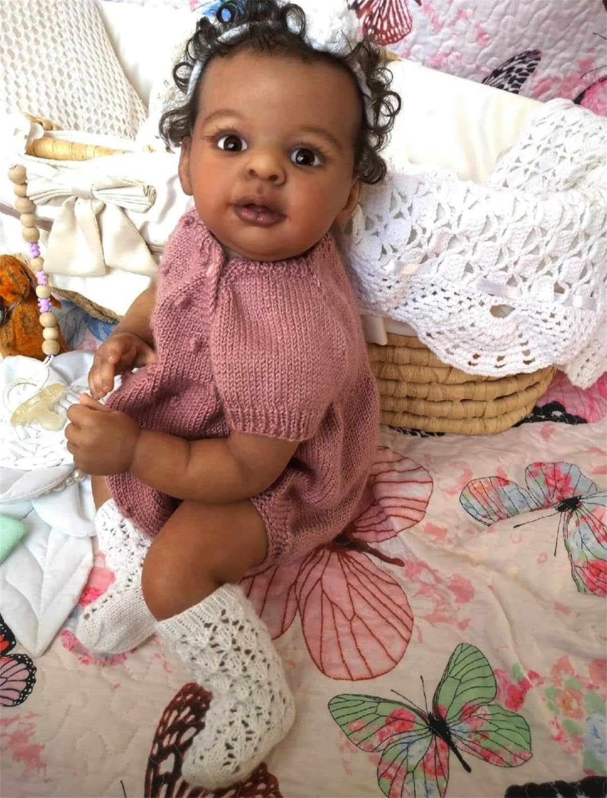 Zero pam Reborn Baby Mädchen, 48cm Reborn Baby Vollvinyl Lebensecht Puppe Mit Haaren, Realistisch Schwarze Babypuppen Wie Echt Puppe Ab 3 Jahre Mit Fütterung Zubehör