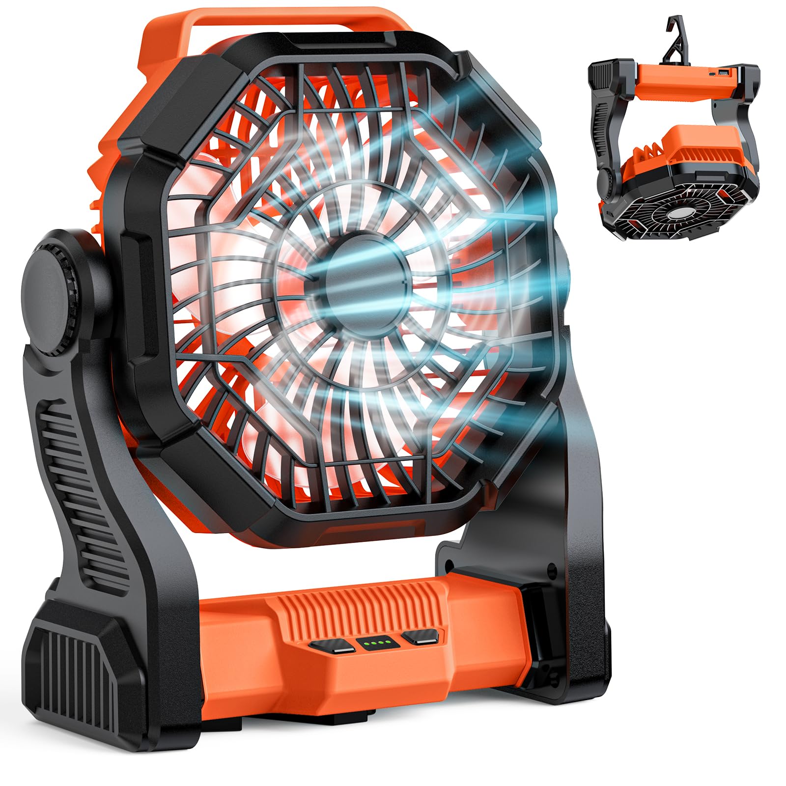 MATULSA Portable Rechargeable Camping Fan, 10-Inch Battery Operated Fan, Quiet Table Fan with LED Lights, 4 Fan Speeds and 125°Rotation, Rechargeable Beach fan for Travel, Fishing, Picnic, Orange