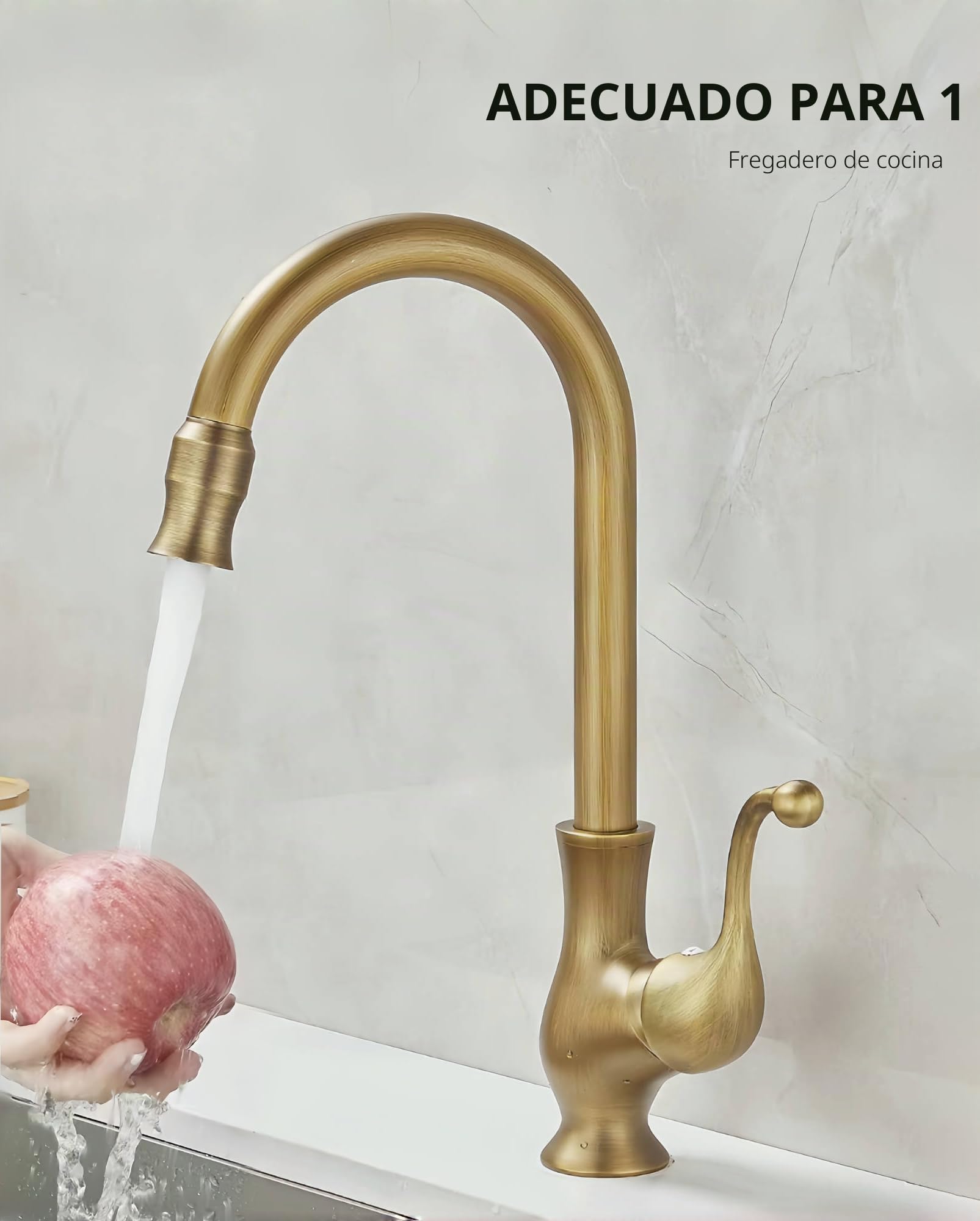 Grifo Cocina Alto Latón Antiguo, Mezclador Monomando Fregadero Bronce Retro, Giratorio 360° Griferia Lavabo Baño Cobre con Caño Alto de Arco