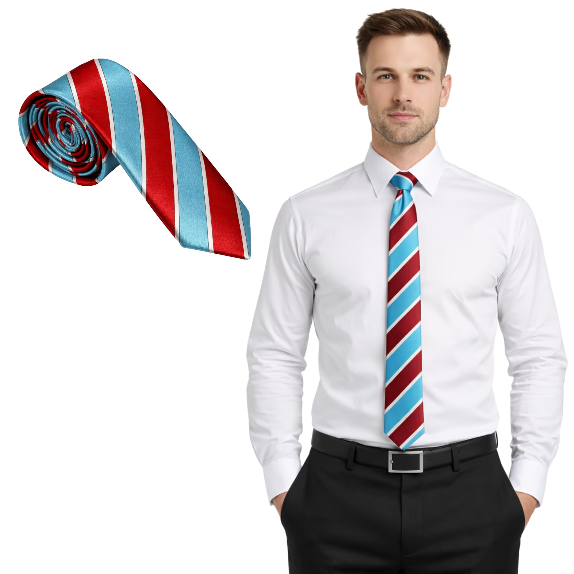FNA FASHIONS® Mens Classic Slim Skinny Satin Tie Adult Wedding Fancy Party Solid Plain Necktie (Turquoise/Red Striped, One Size)