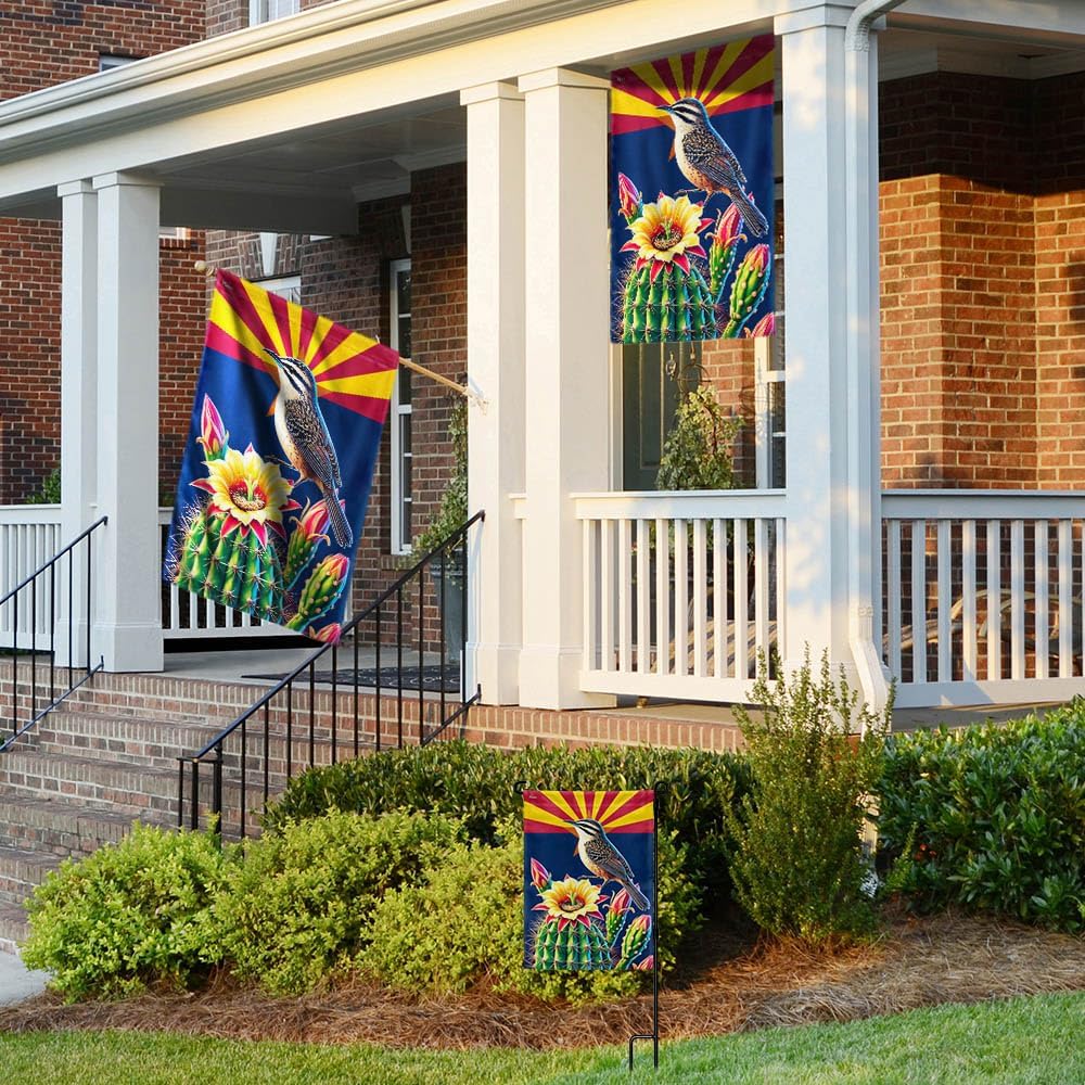 American Flag-Arizona Cactus Wren and Saguaro Cactus Blossom Flag MLN3314F, Garden Flag (11.5" x 17.5")-USA Flags Premium Polyester-Decorative Indoor Outdoor Flag