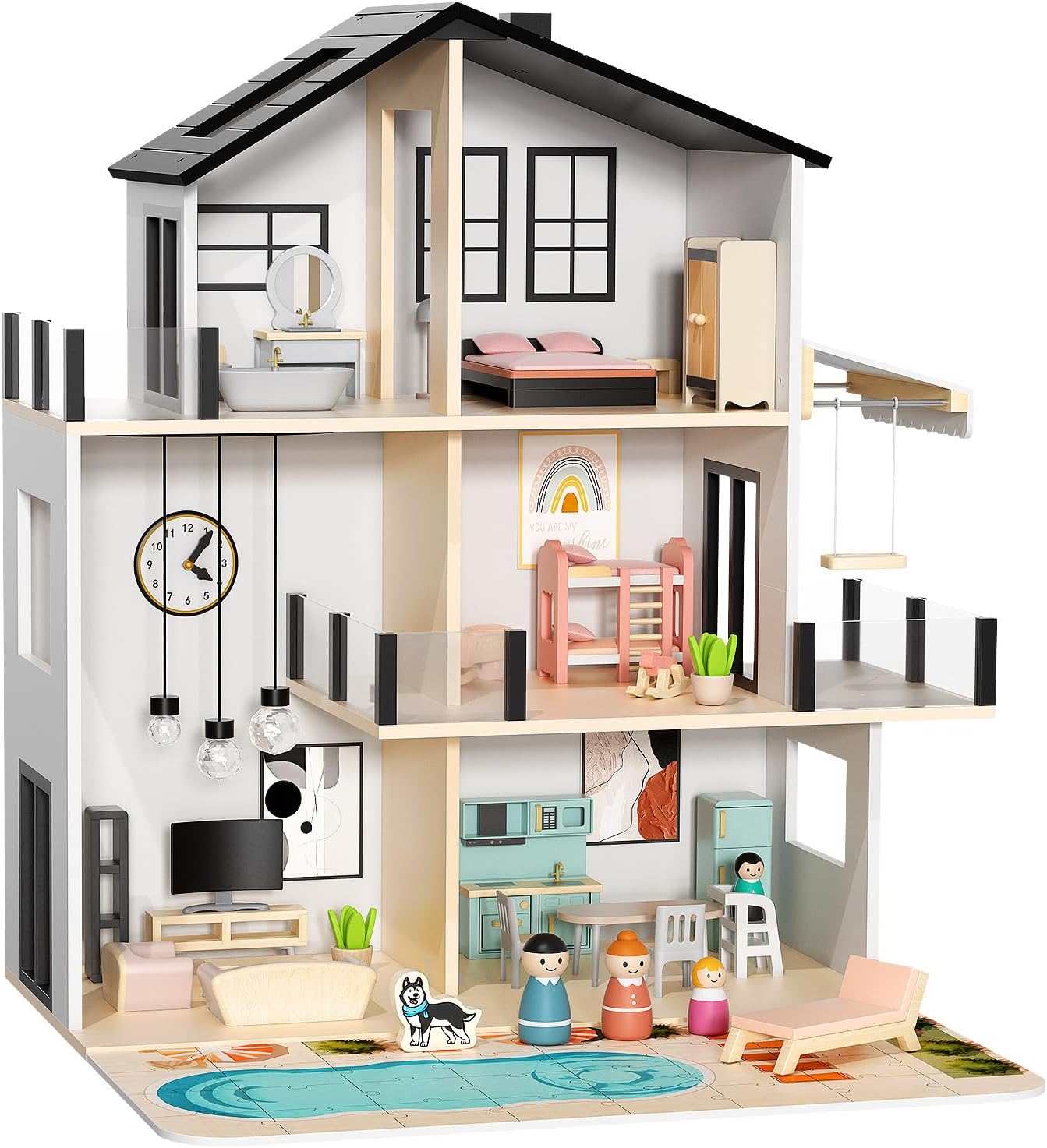 BIERUM Wooden Dollhouse, Large Modern Doll House with 44Pcs Furniture Accessories, Dolls & Pets, DIY Puzzle Pool Yard, Wood Dollhouse Toy for Toddlers 3+, Ideal Gift for Boys and Girls (Black)