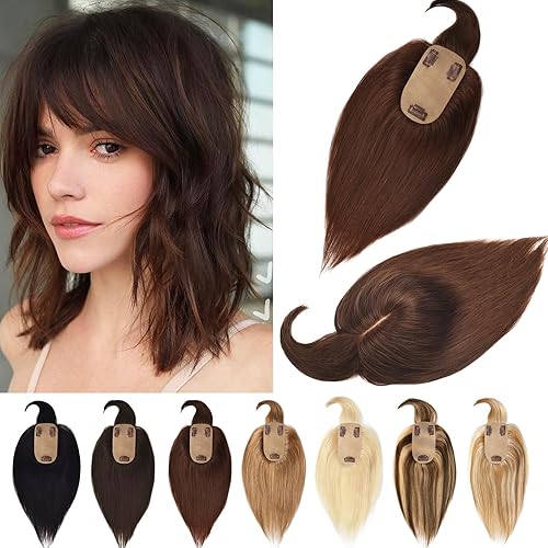 Miniatura 9 de Toppers de cabello humano real para mujer con cabello fino, base de seda, sin flequillo, clip, 10 pulgadas, #12P613 mezcla de castaño dorado y rubio