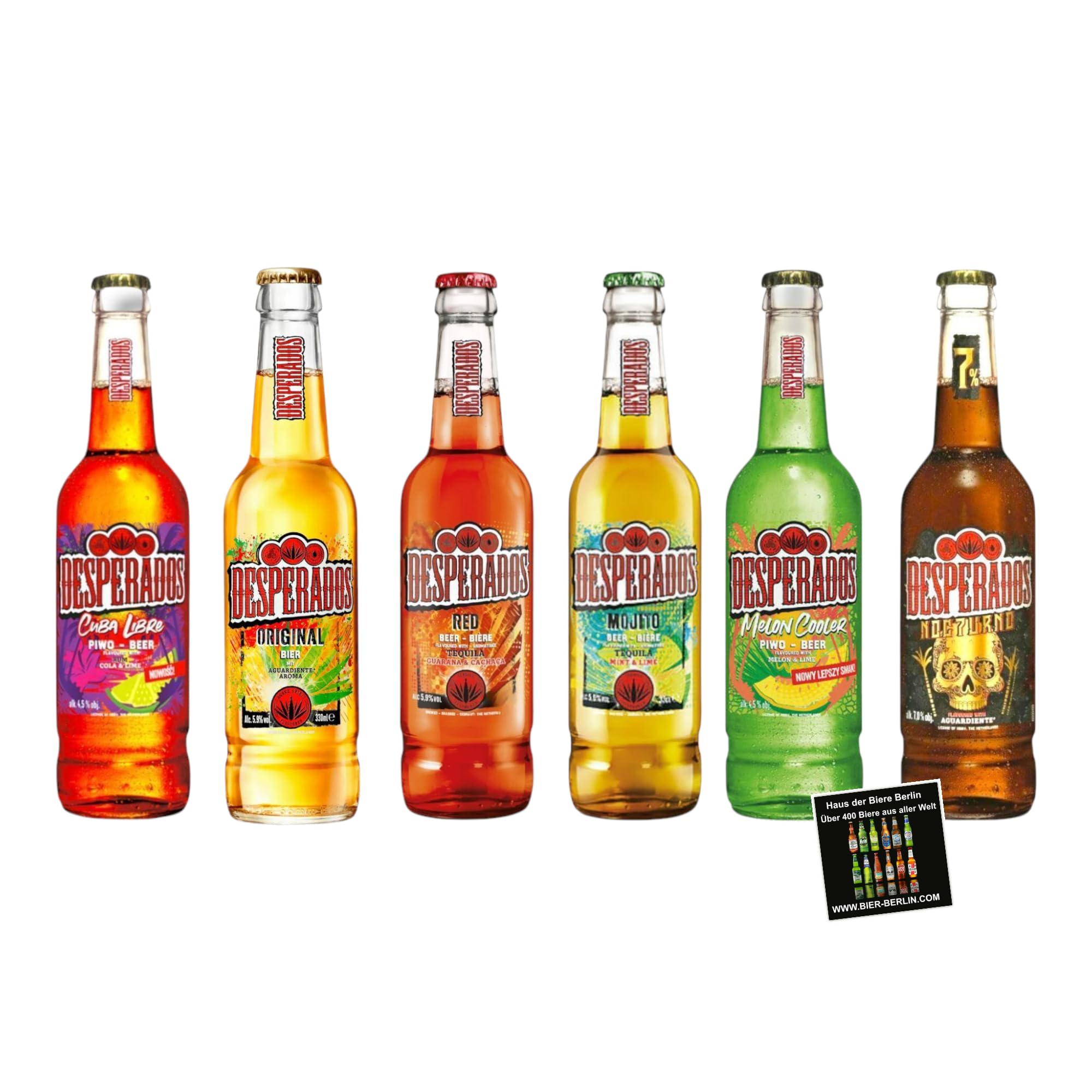 Desperados Mixpaket 6 x 400ml – 6 Sorten im Probierpaket inkl. Haus der Biere Berlin Bierdeckel – Original, Mojito, Red, Cuba Libre, Melon Cooler & Nocturno – Bier mit Tequila