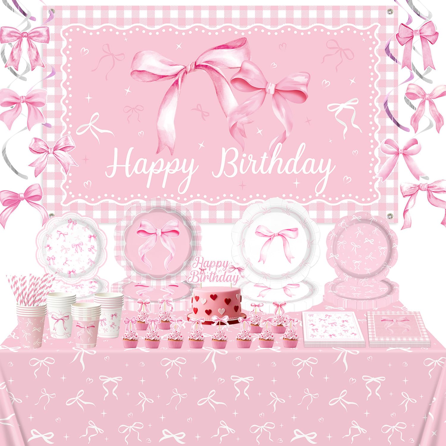 Pink Bow Birthday Decoration Bow Party Decorations, Plates Cups Napkins Bow Party Tablecloth Happy Birthday Backdrop Hanging Swirl Cake Toppers for Coquette Birthday Supplies