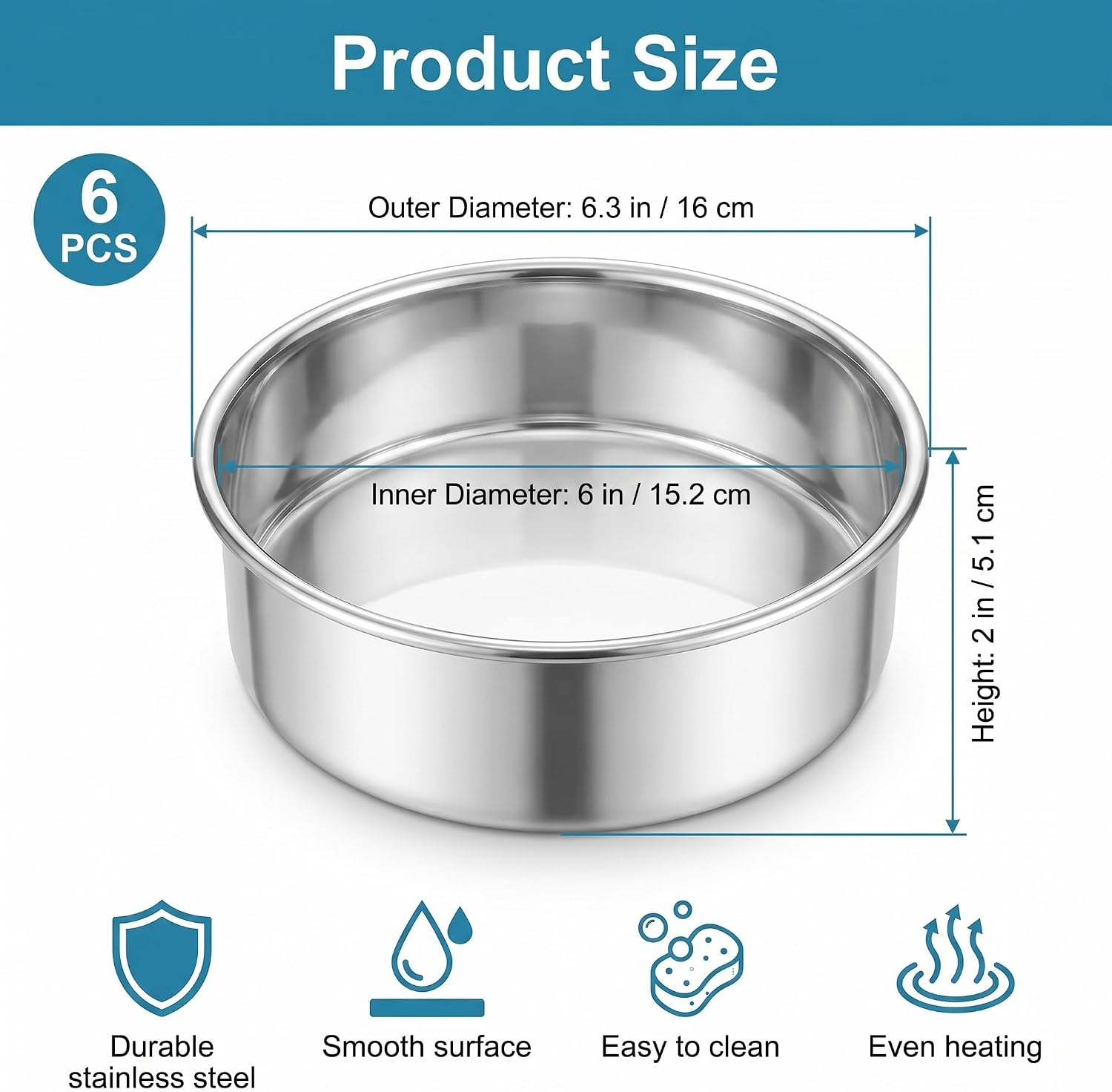 Cake Pan, Set of 6, 6 Inch, Round | Round Baking Pans Tins Bakeware for Oven, Dishwasher, Mirror Finish, Easy Clean