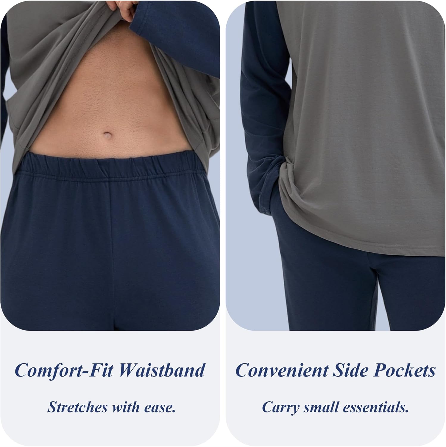 Mens Pajamas Set Comfy Pj Sets Long Sleeve Pajamas Cotton 2-Piece Loungewear Nightwear with Pockets - Image 5