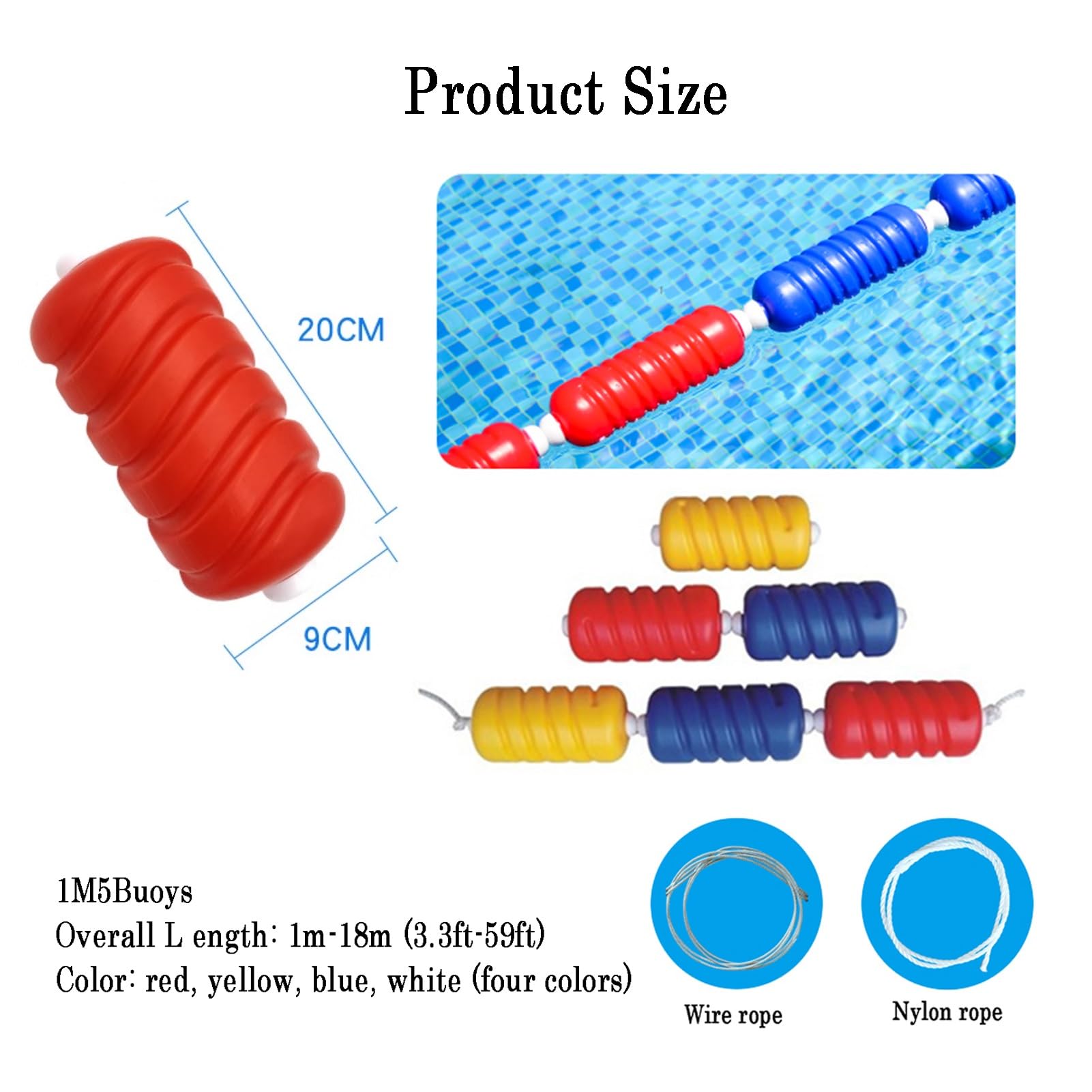 Cuerda de Seguridad para Piscinas, con 5 flotadores, Ideal para competiciones comerciales (Cables de Acero, 15 m)