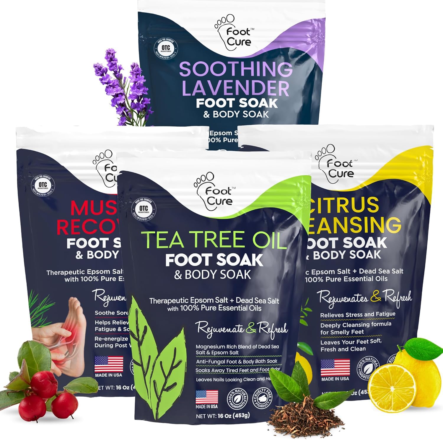 FOOT CURE Premium Epsom Salt Foot Soak - Tea Tree Oil Foot Soak for Athletes - Relaxing Foot Bath with Fungal Support - Foot Soaking Salts & Oils - Soothing for Tired Feet & Calluses (Pack of 4)
