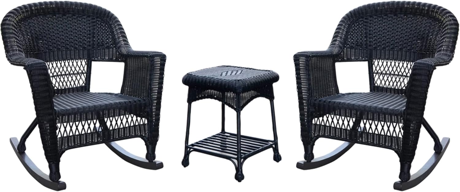 Jeco 3 Piece Rocker Wicker Chair Set With Blue Cushion, Black