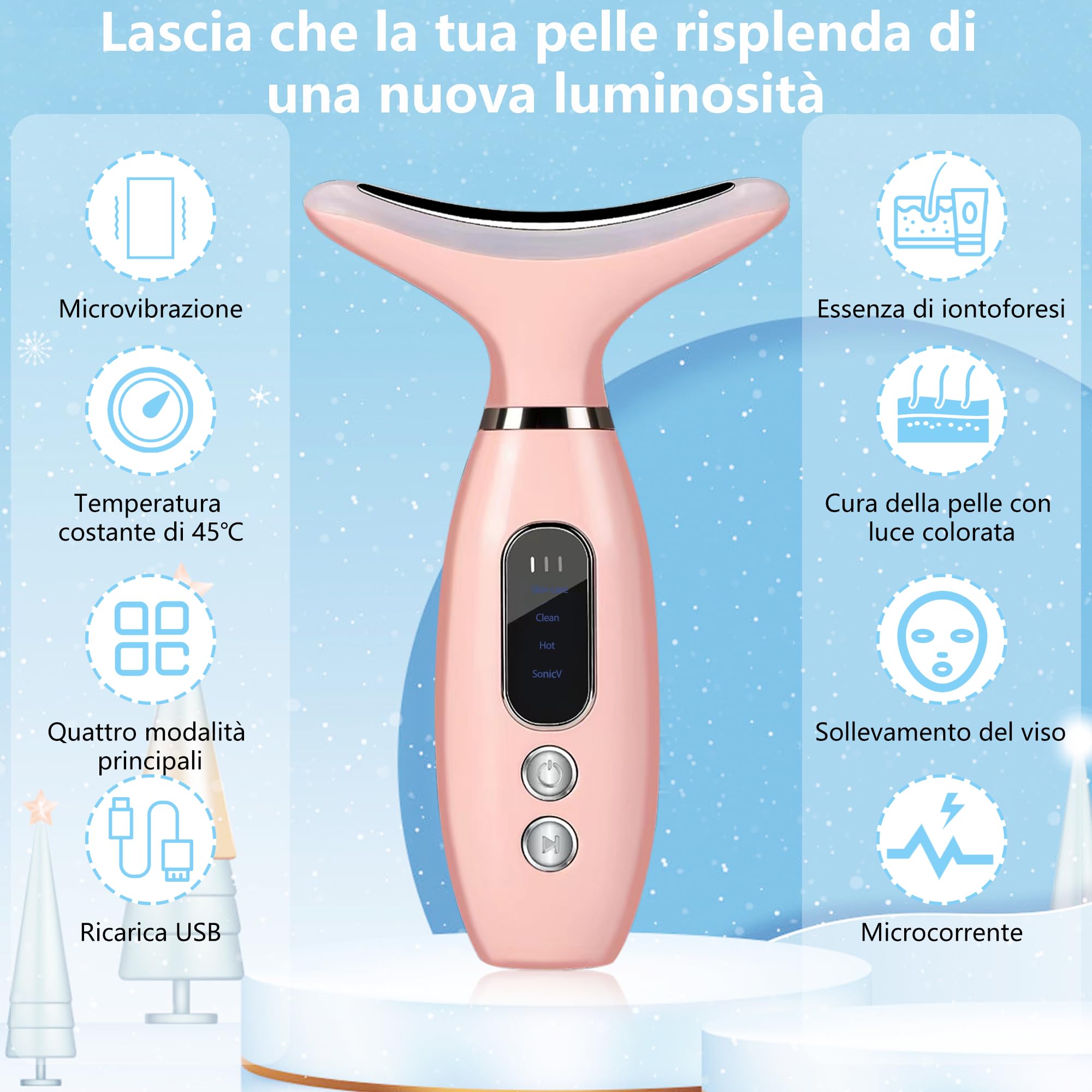 Massaggiatore Viso Lifting, 45°C Terapia Della Luce che Rassoda il Dispositivo di Bellezza del Massaggiatore Facciale del Collo con 4 Modalità LED Massaggio per il Sollevamento del Viso