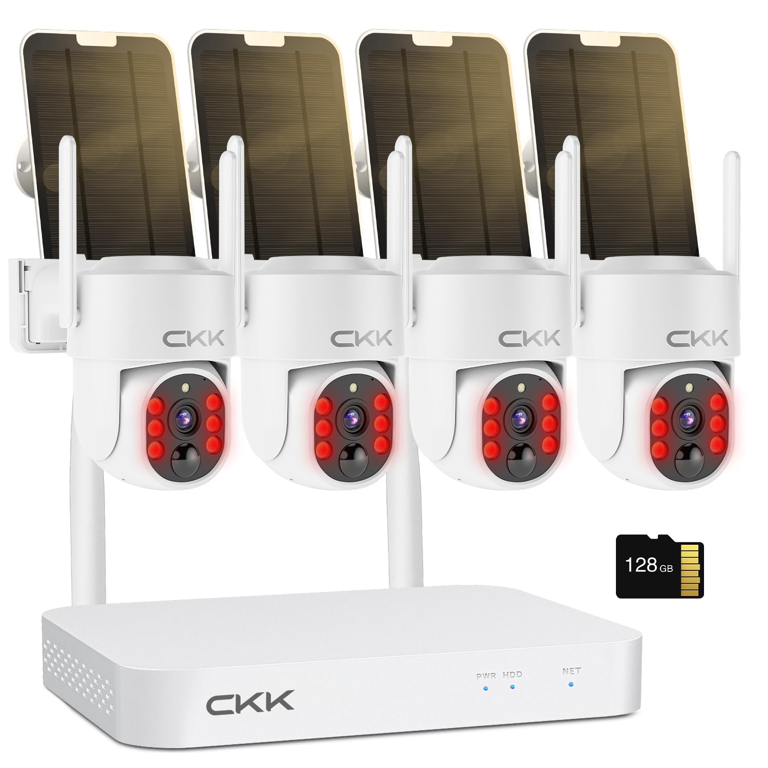 2.5K Wireless Solar Security Camera System, 4 Pack 360° View PTZ WiFi Cameras, Full Color Night Vision,Easy Setup, 2-Way Audio,10CH WiFi NVR with 128GB Storage, PIR Alarm, Compatible with Alexa