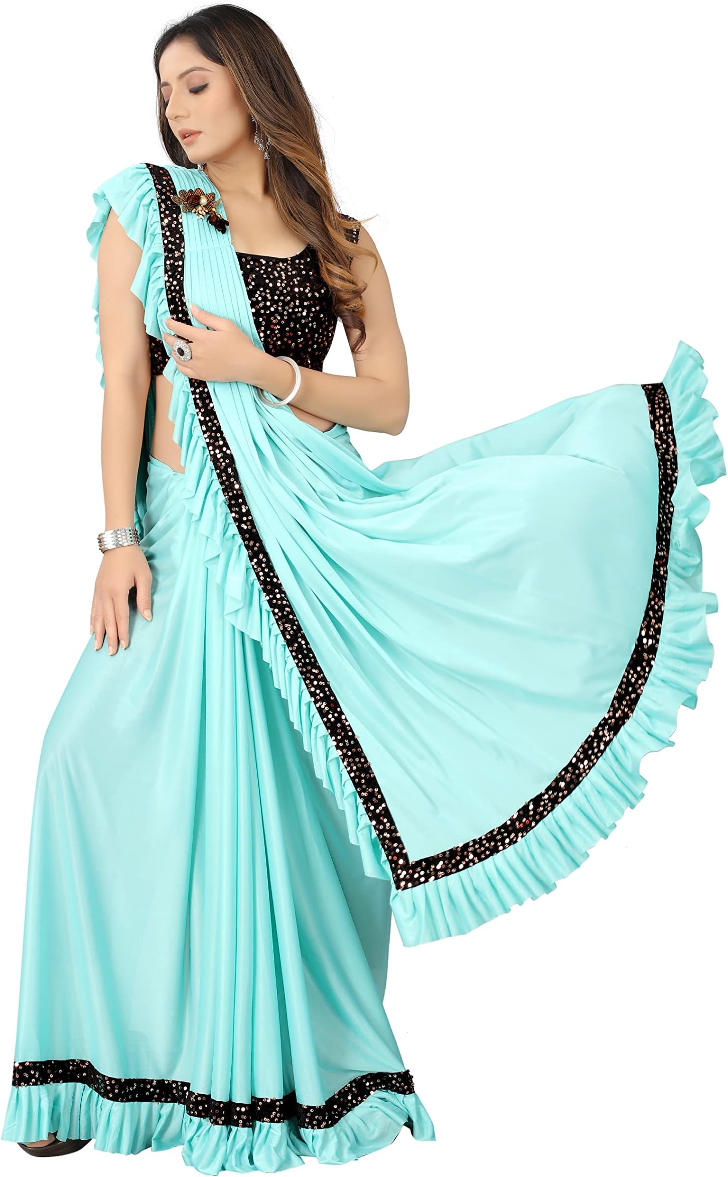 TexStile Soft Lycra Solid/Plain Ready Pleated Saree for women with attached Patch