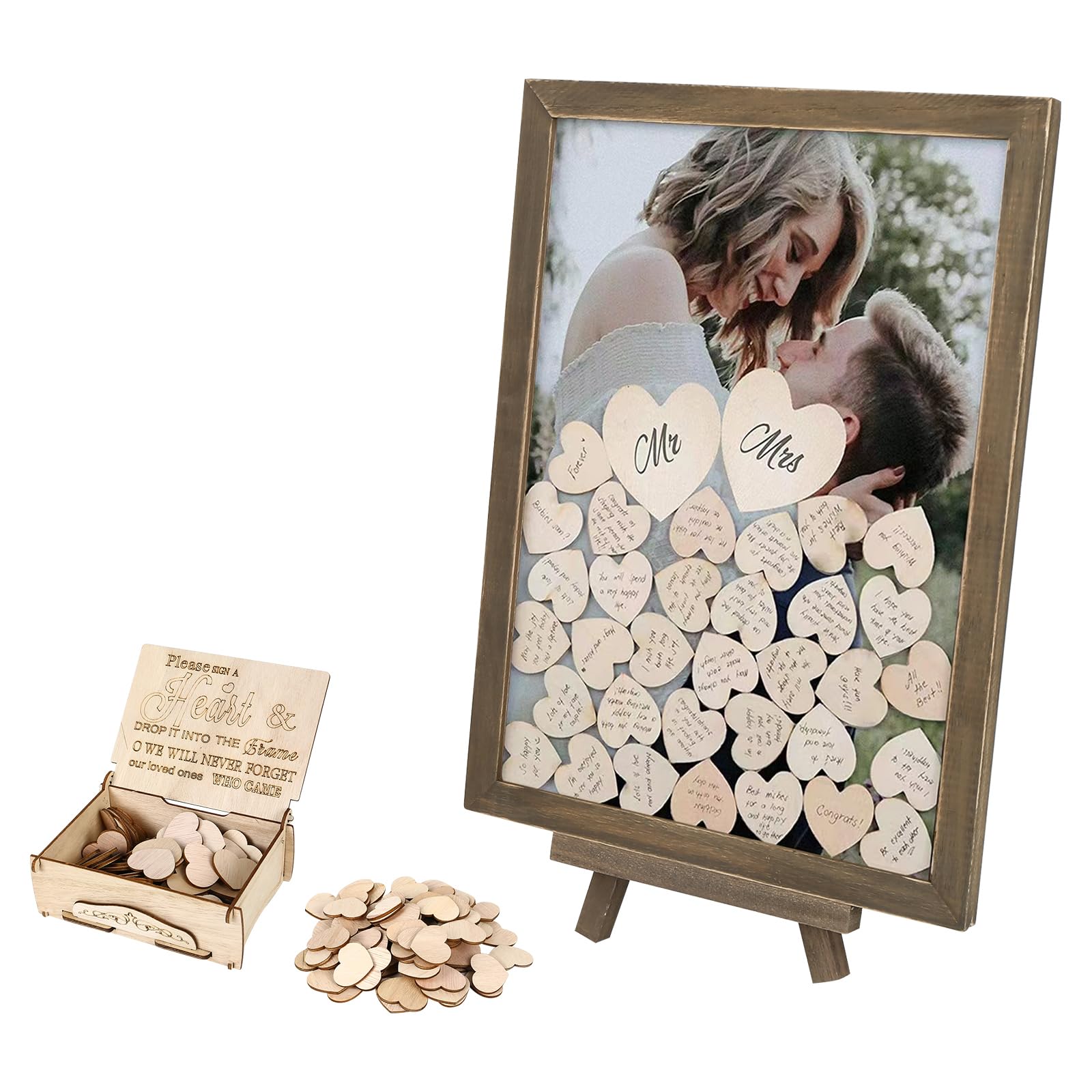 Libro de visitas de madera para boda, con marco de fotos, 100 corazones de madera para escribir, libro de invitados para bodas, cumpleaños y baby shower