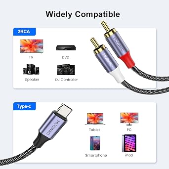 MOSWAG USB C to 2 Male RCA Audio Cable 3.3FT Y Splitter Cord RCA Adapter