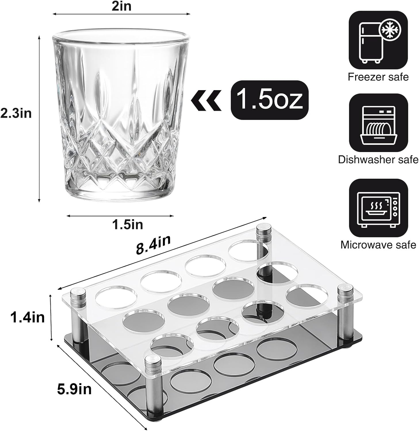 Ruckae 12 Pack 1.5oz Shot Glasses Set with Tray Crystal Shot Glass Bulk Clear Cone Shot Glasses for Vodka Tequila Whiskey Liquor - Image 2