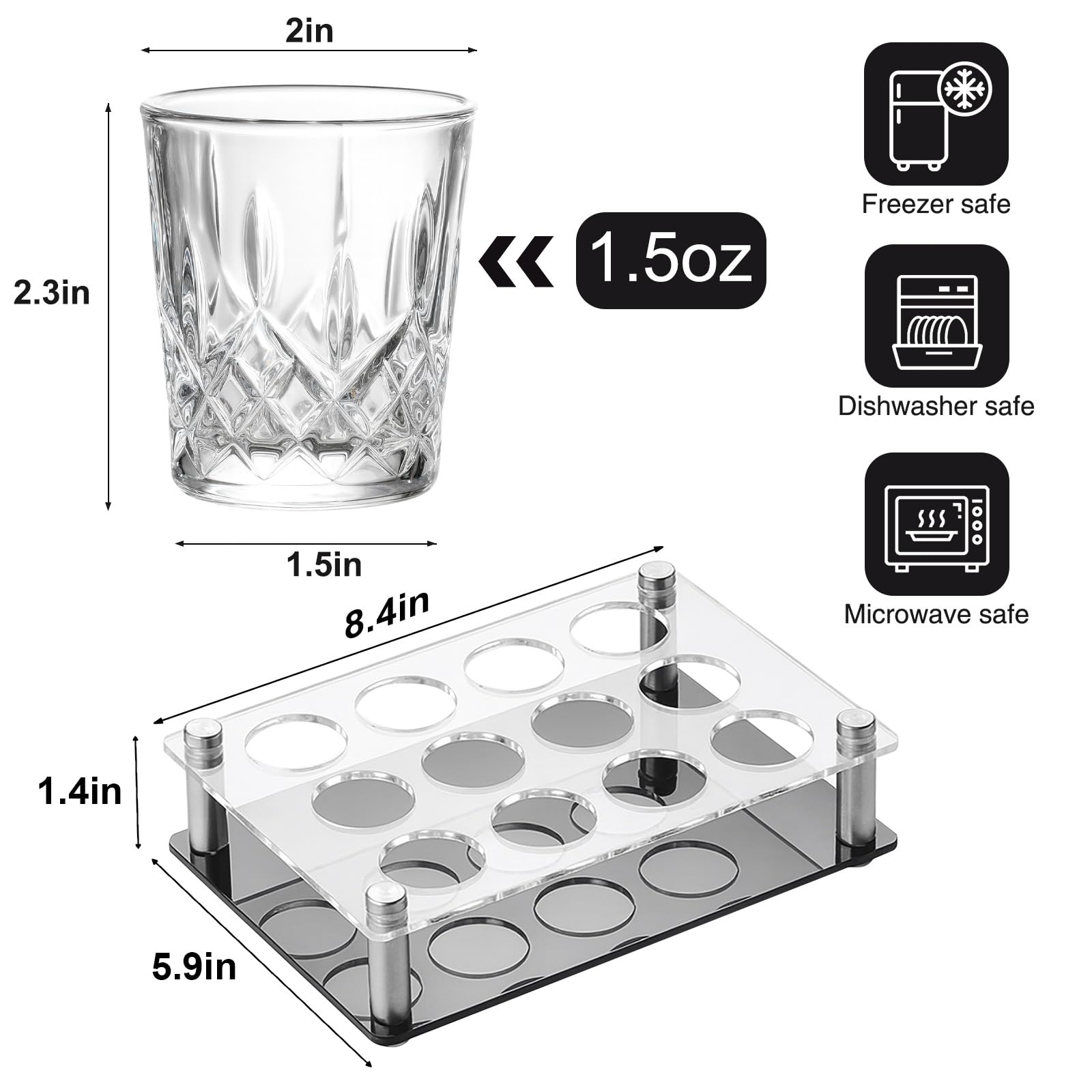 Ruckae Lot de 12 verres à shot de 42,5 g avec plateau en cristal transparent pour vodka, tequila, whisky, liqueur