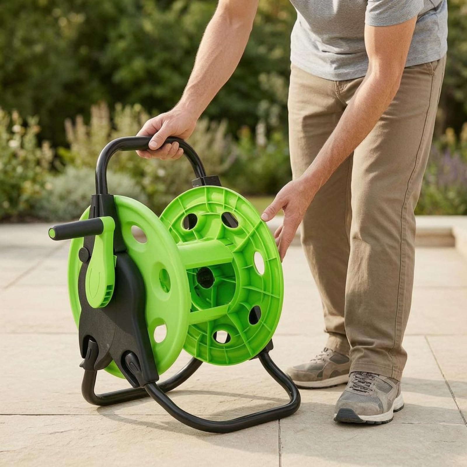 Avvolgitubo da Giardino Carrello Portatubo Bobina Supporto Telaio Pieghevole Carrellato Maniglia per Trasporto Acciaio Adatto per Irrigazione Cortile Giardino Esterno