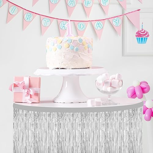 Miniatura 6 de Morcheiong Paquete de 2 faldas de mesa de oropel de papel de aluminio plateado de 29.5 x 108 pulgadas desechables para mesas rectangulares, cortina