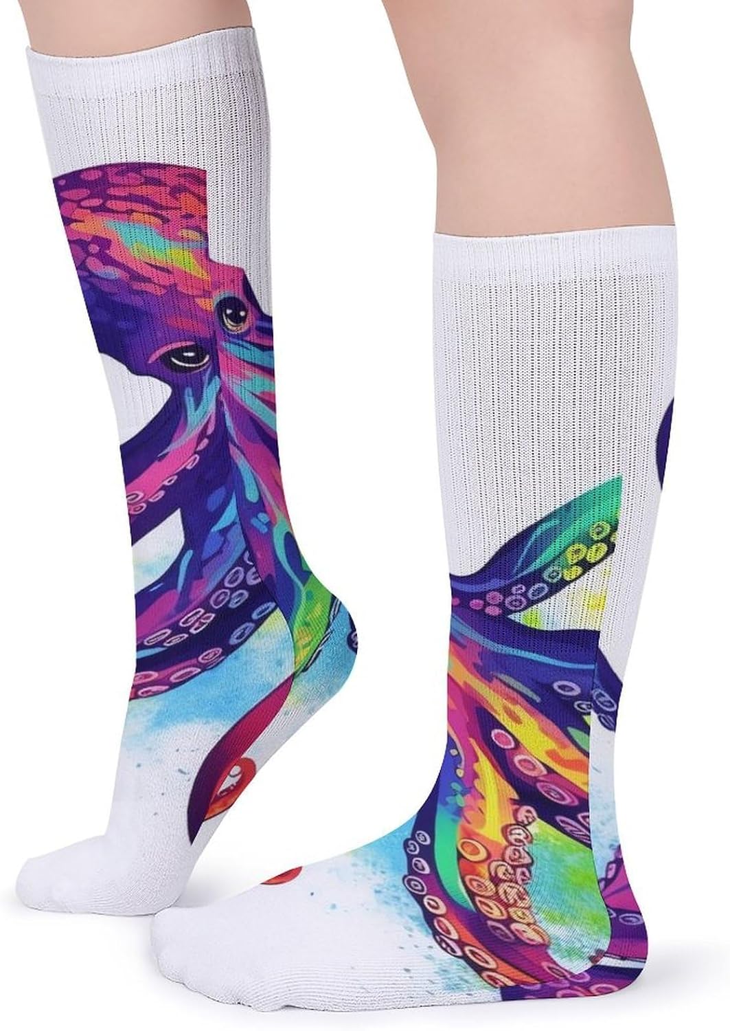 Breathable Crew Sock, Moisture Wicking, Athletic Calf Socks, Cozy | Colorful Octopus Compression Socks for Women Men, Lightweight High Work Socks for Business, Casual