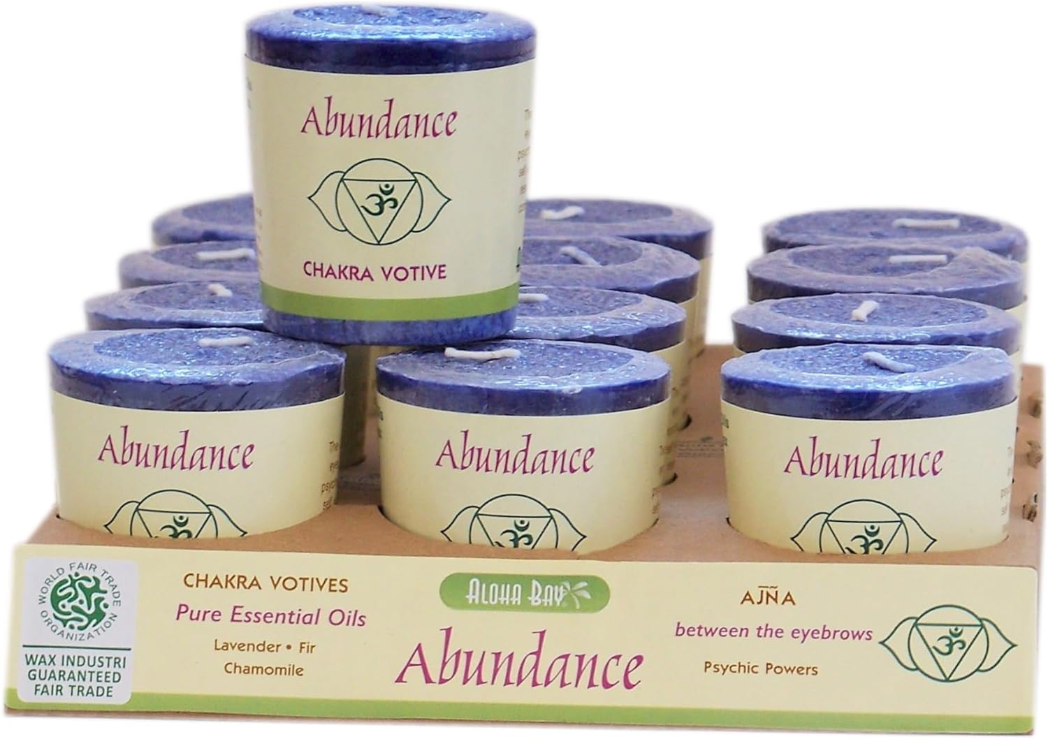 Premium Scented Hand Made Chakra Energy Candle | Votive 12-pack | Abundance, Ajna| Yoga, Prayer & Meditation Candle | Long Burn |Essential Oils Lavender, Fir, Chamomile | Aloha Bay