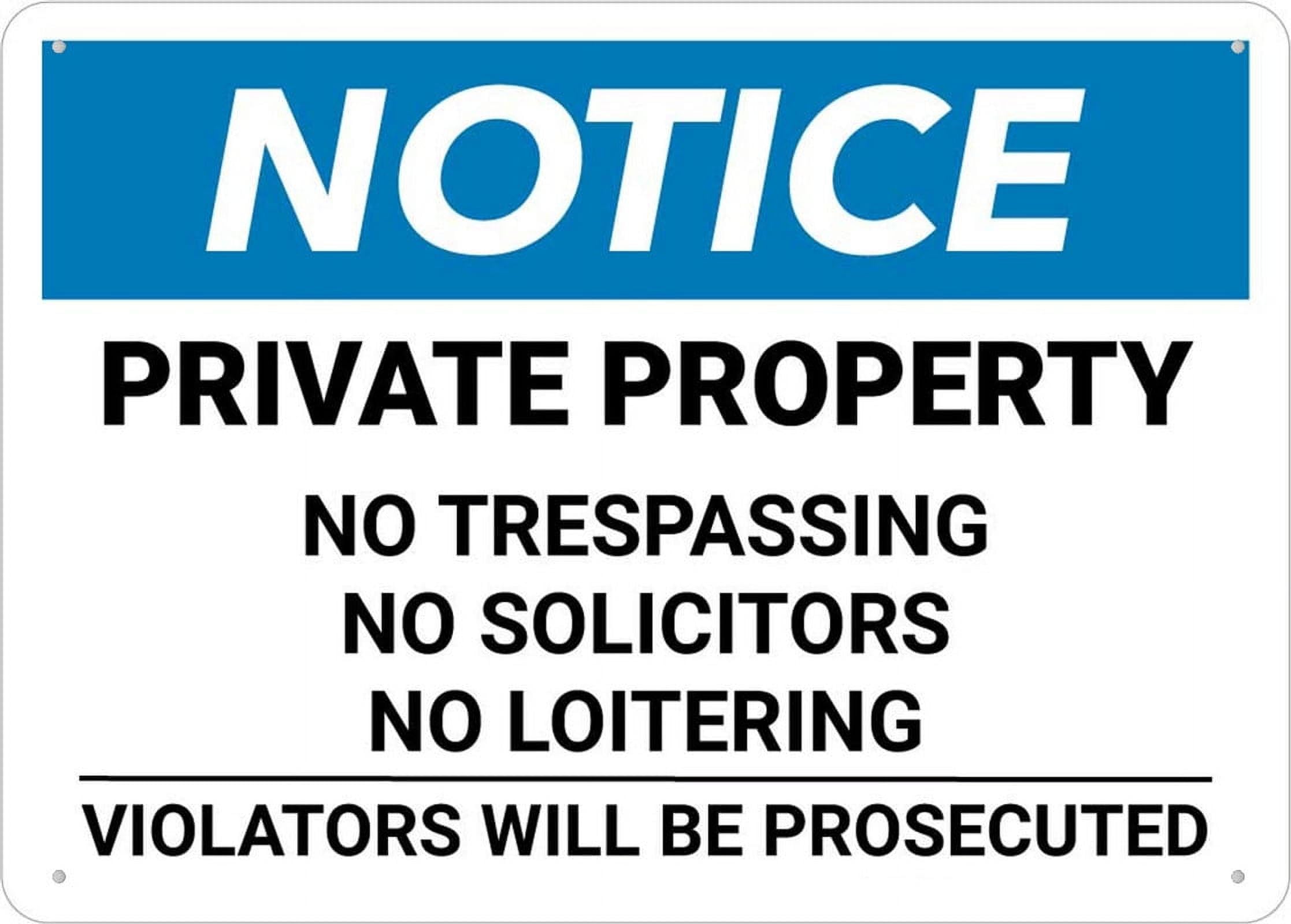 Notice - Private Property (No Trespassing/Solicitors/Loitering - Landscape) Warning Tin Sign, 8x12 Inch Wall Decor for Home, Kitchen, Farm, Garden, Garage