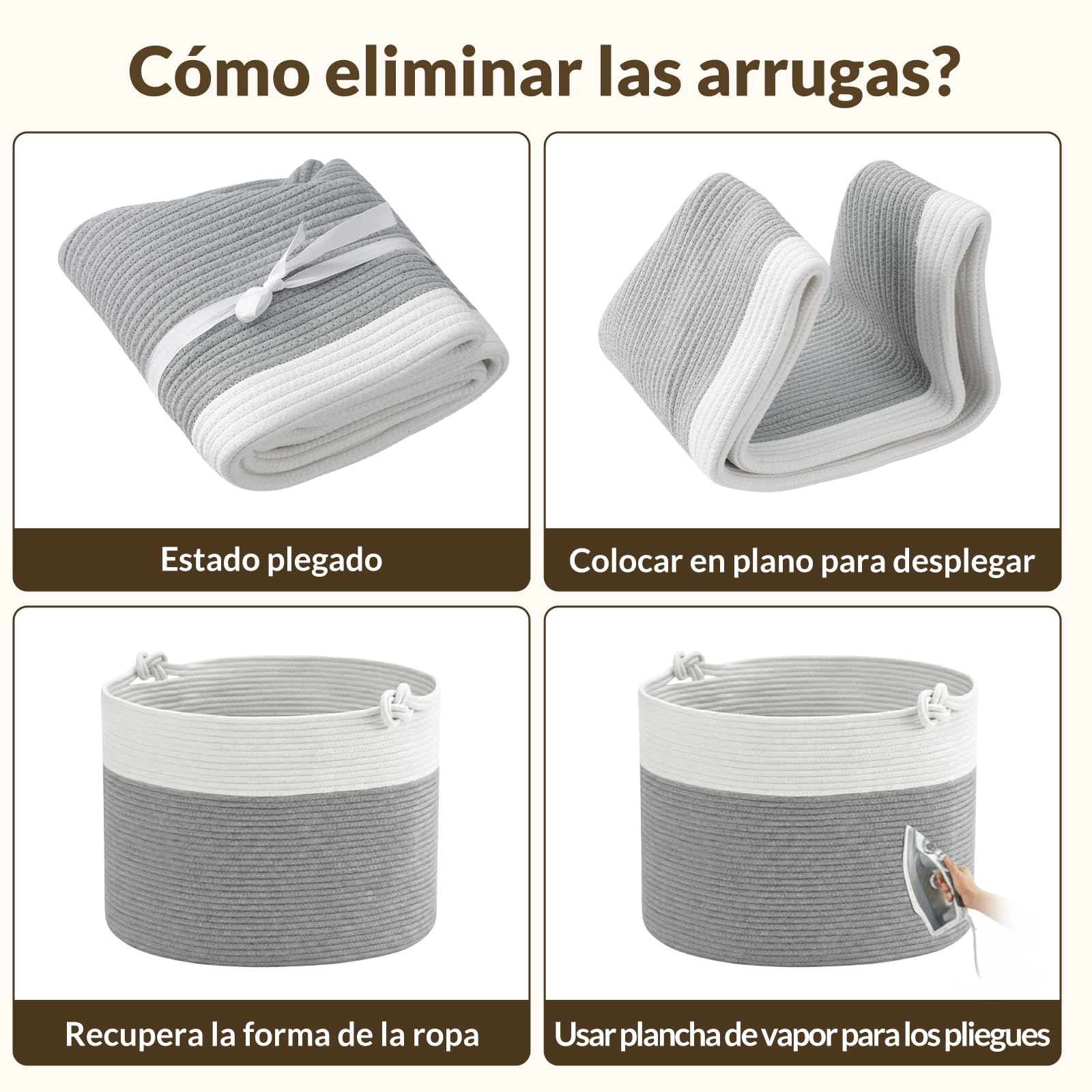 COSYLAND Cesto de Ropa Sucia de Cuerda de Algodón D50 x H35 cm – Cesta para la Ropa Sucia con Asas – Cesto Plegable para Mantas, Juguetes y Lavandería – Blanco Crema y Gris Claro