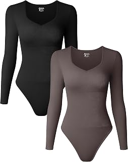Women's 2 Piece Bodysuits Sexy Ribbed One Piece Long Sleeve Sweetheart V Neck Tops Bodysuits