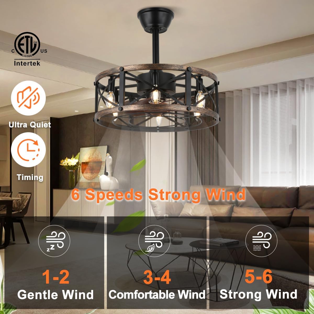 Diagram illustrating the 6 fan speed settings: Gentle Wind, Comfortable Wind, and Strong Wind.