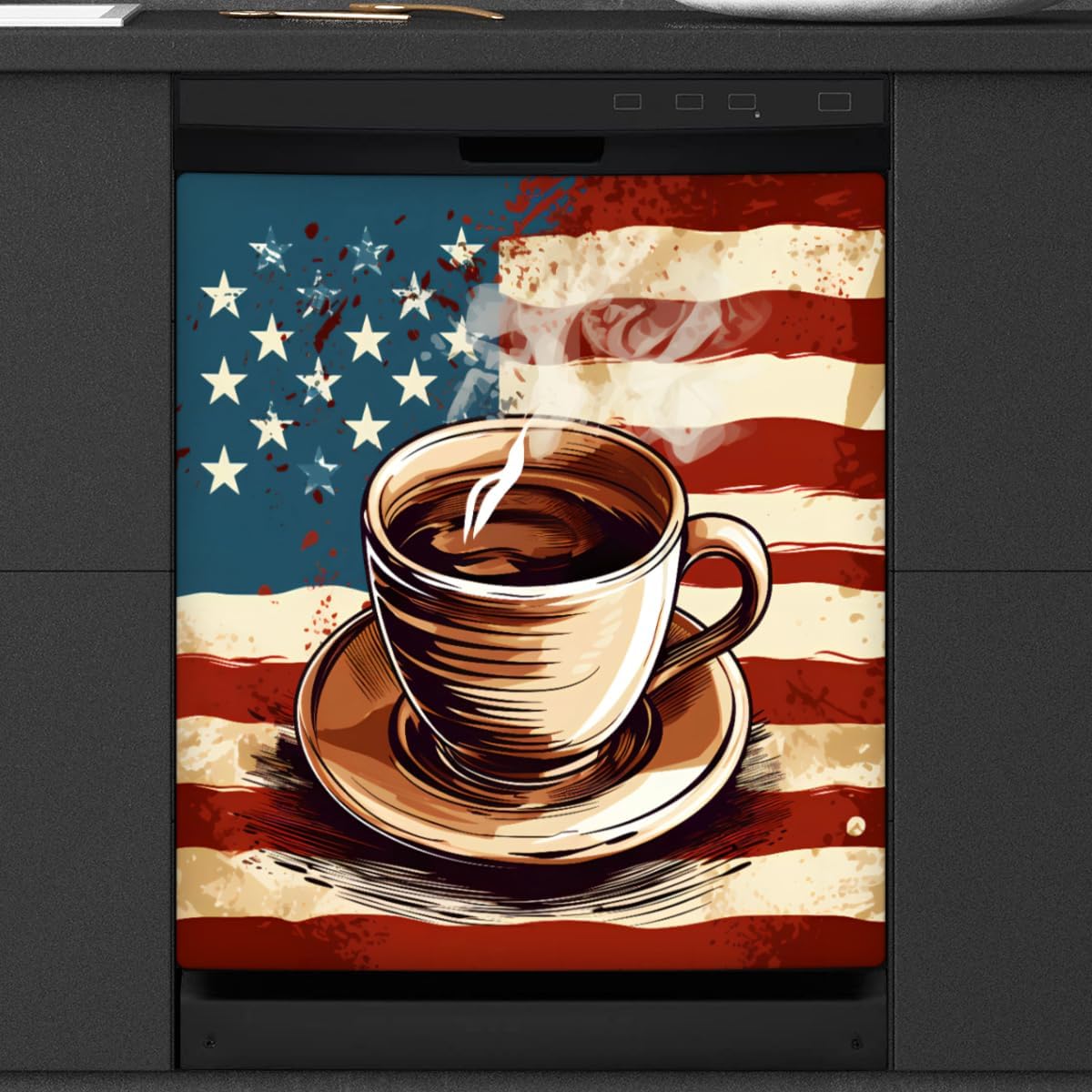 Coffee American Flag Dishwasher Magnet Cover Reusable Skin Home Decorative Magnetic Appliance Front Panel Door Kitchen Refrigerator Microwave Stickers Holiday Season Decor 23 x 26 in