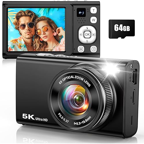 5K 96MP Digital Camera for Photography with 6X Optical Zoom,2026 Upgraded Autofocus Vlogging Camera for YouTube with Dual Lens, 64GB Card, Flash, Anti-Shake, Compact Point and Shoot Digital Cameras