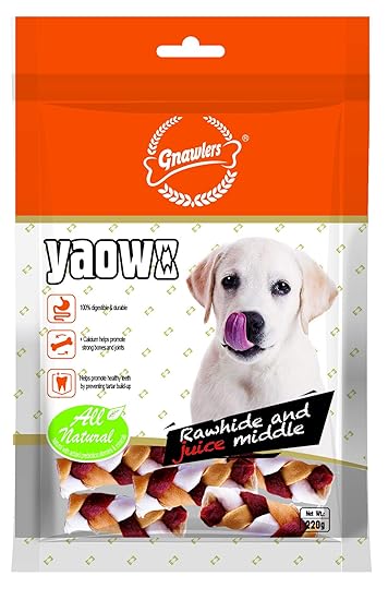 Gnawlers Yaowo Rawhide Braided Dog Bone Filled with Chicken Inside for All Life Stages, 220g