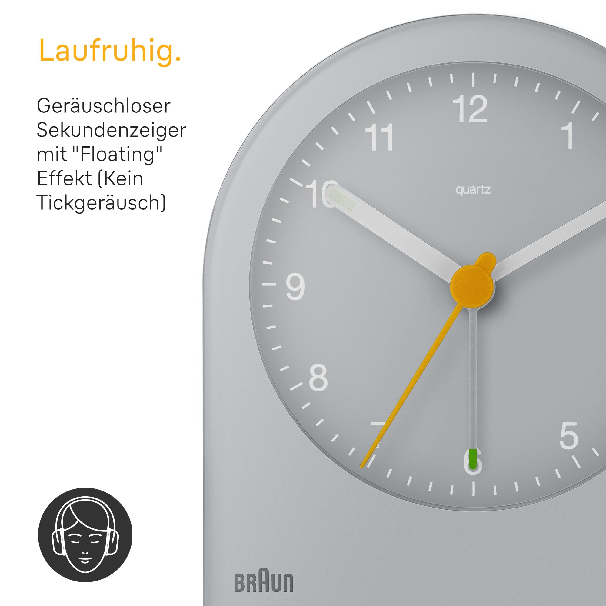 Braun Klassischer analoger Wecker mit Schlummerfunktion und kontinuierlicher Hintergrundbeleuchtung, leisem Quarzwerk, anschwellendem Alarm-Piepton in Grau, Modell BC22G.