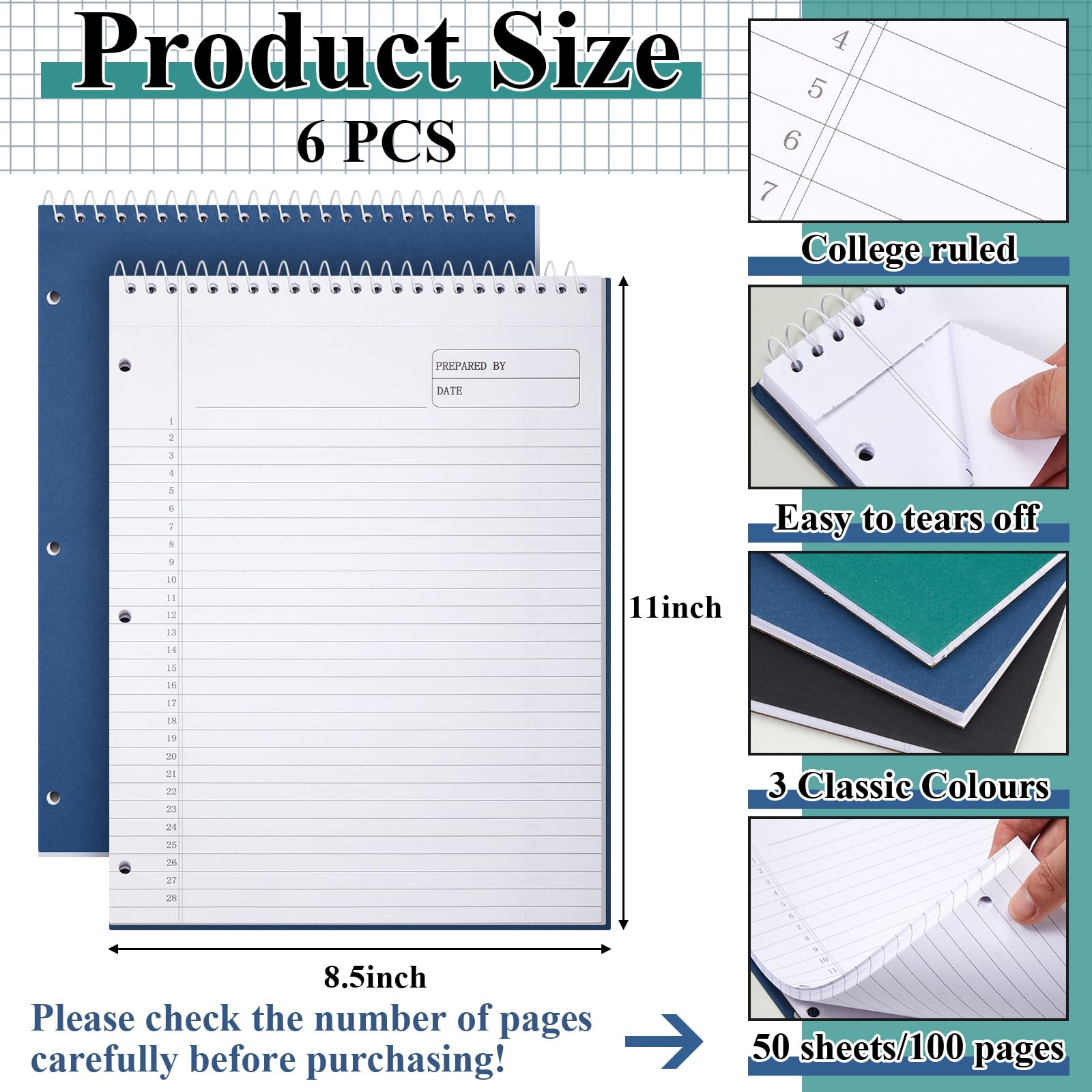 MotiMind 6 quaderni legali con rilegatura superiore a spirale, 21,5 x 29,9 cm, rilegatura a spirale, 100 pagine, carta a righe legali, per scuola, ufficio, casa, promemoria planner Steno, articoli di