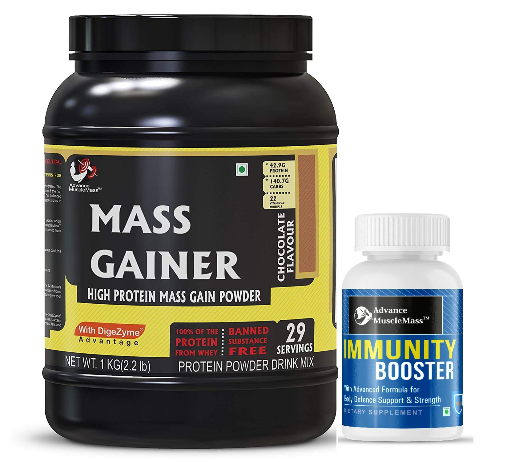Advance MuscleMass Mass Gainer with Enzyme Blend | 7.15 G Protein | 23.46 G Carbs | Lab tested | Raw Whey from USA | With Immunity Booster | Chocolate Flavour | 1 Kg / 2.2 lb