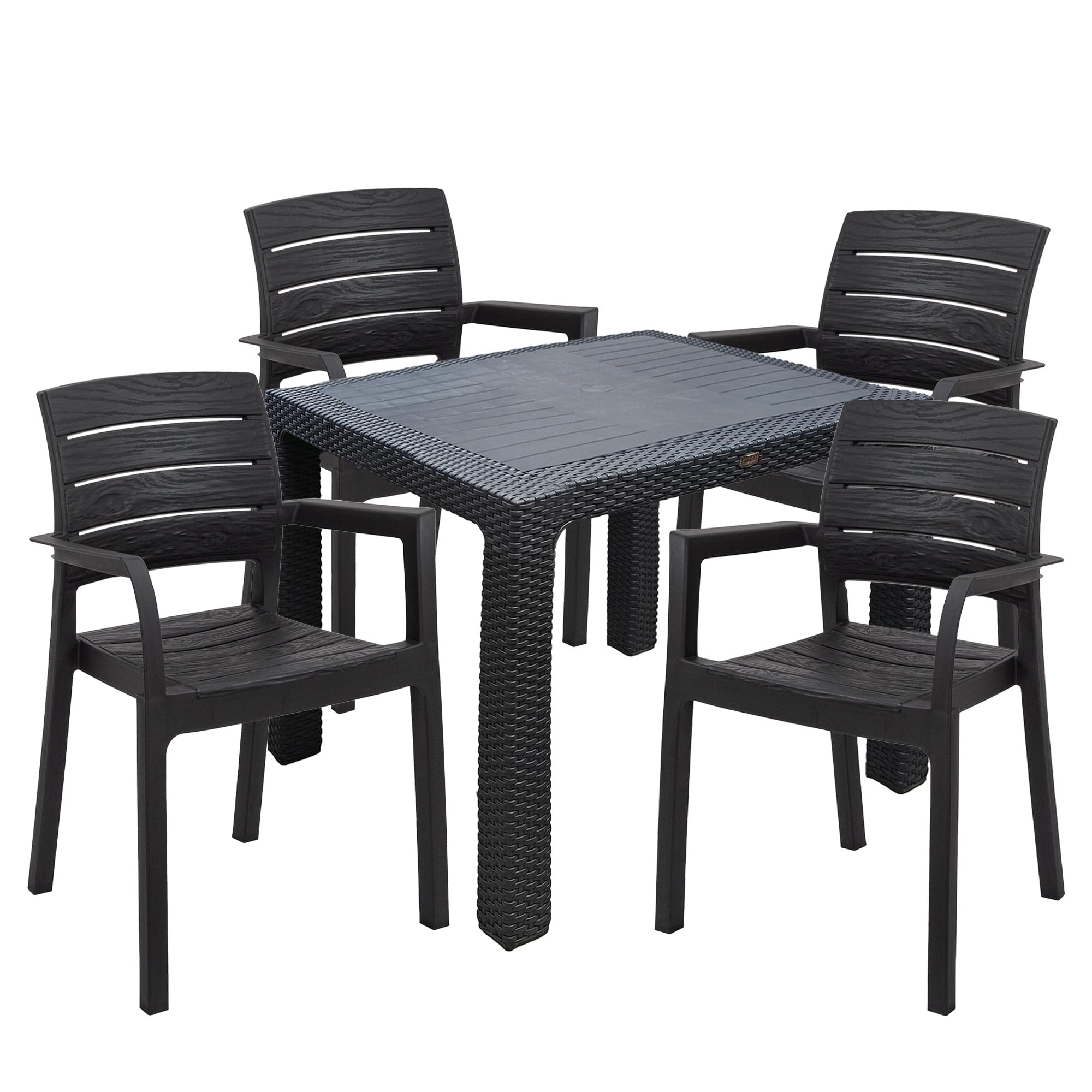 Sicignano | Set Sedie e Tavolo 90x90cm Completo Antracite, Resistente UV, per Esterni e Interni, Adatto a Bar Ristoranti Pizzerie Spazi Commerciali (1, 4 Sedie 1 Tavolo)