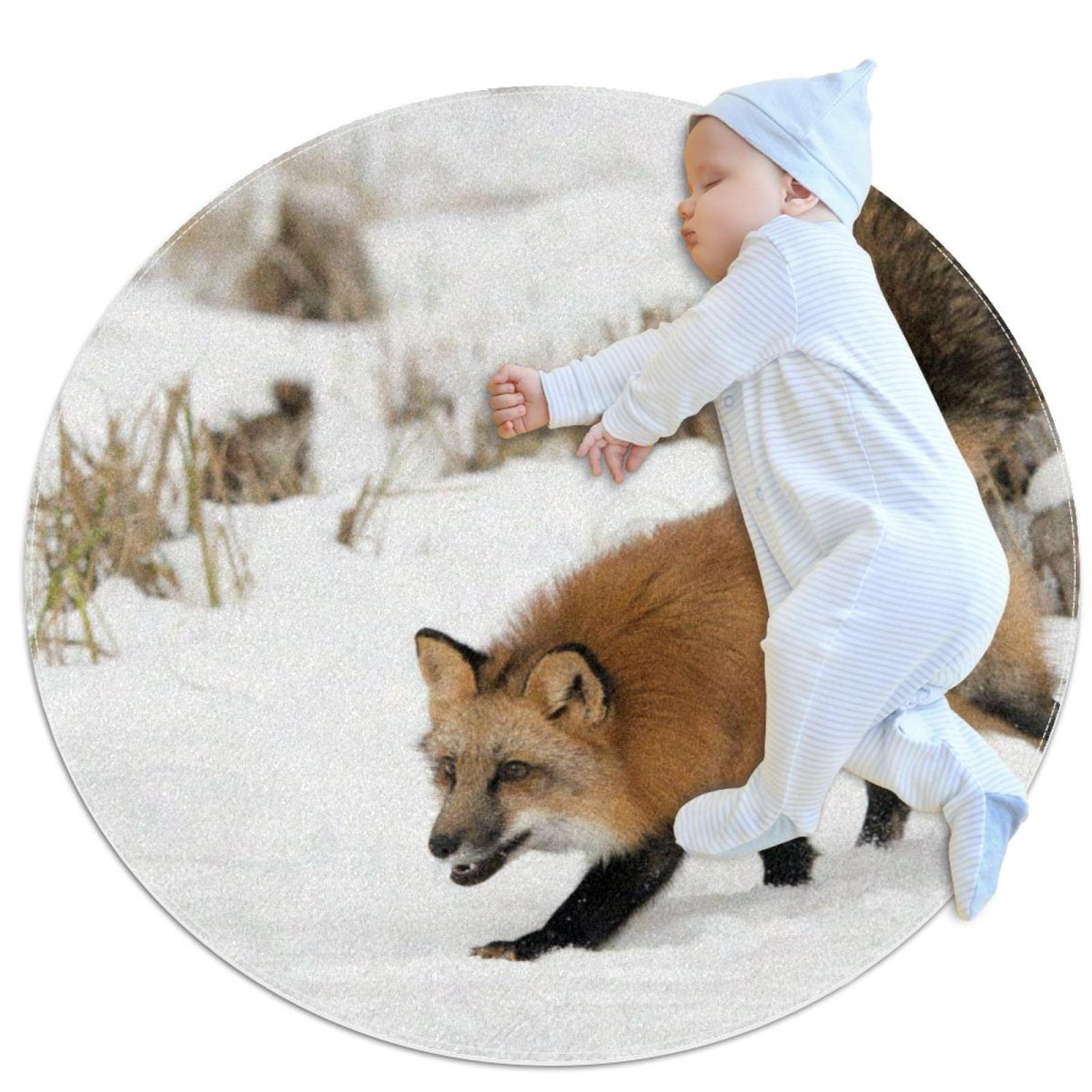 Tapis Renard en Hiver JDEZ Tapis Rond Finition Soignée 100cm