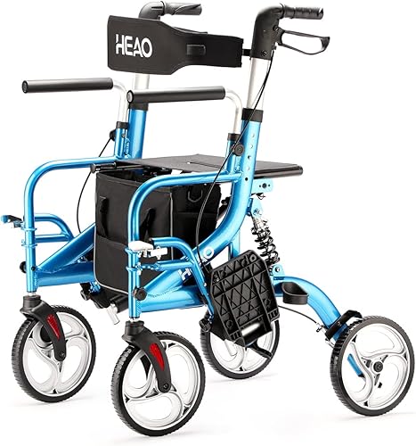 HEAO Silla de transporte con ruedas 2 en 1 con amortiguador ruedas de 4 x 10 pulgadas para personas mayores andador con soporte para tazas respaldo