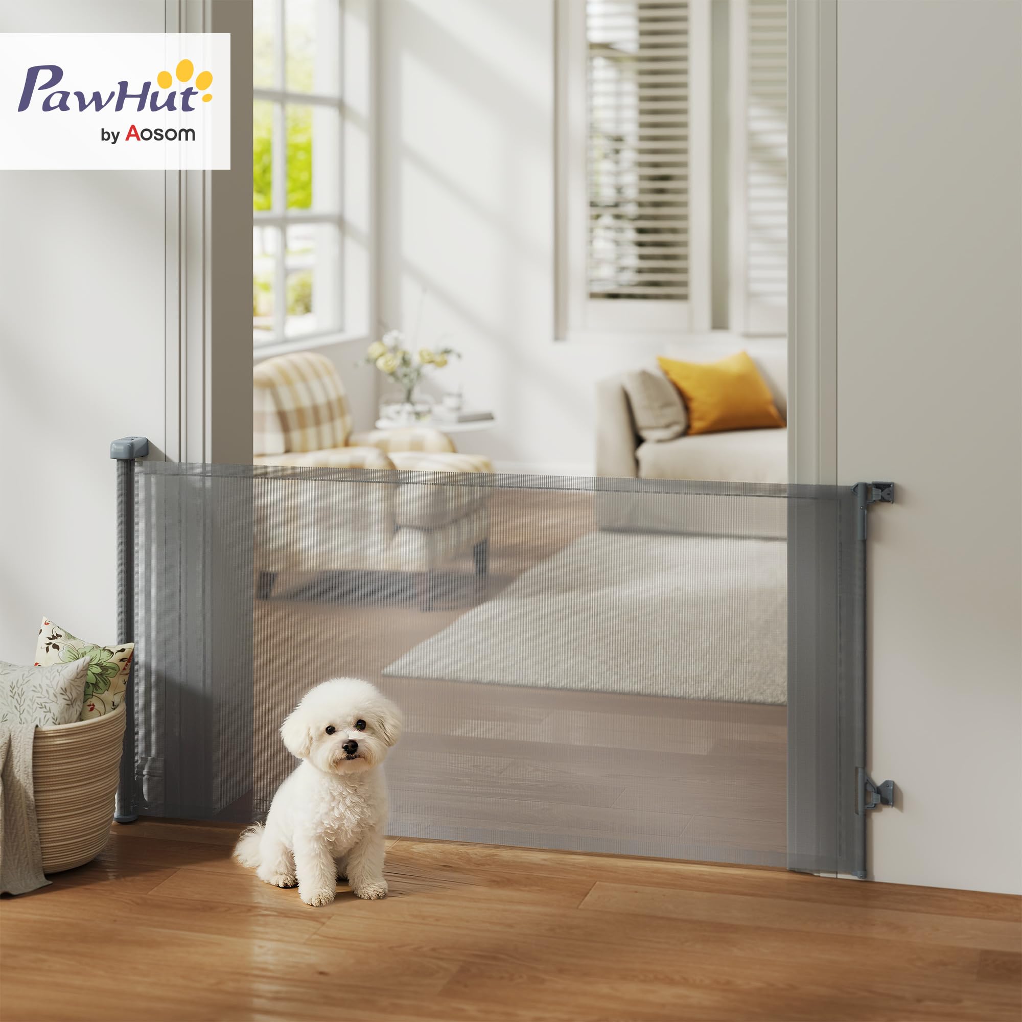 PawHut Barrera de Seguridad para Perros Retráctil, Extensible hasta 180 cm de Ancho y 93 cm de Alto, para Escaleras y Puertas, Valla para Perros Pequeños y Medianos, Uso con Una Sola Mano, Gris — view 2