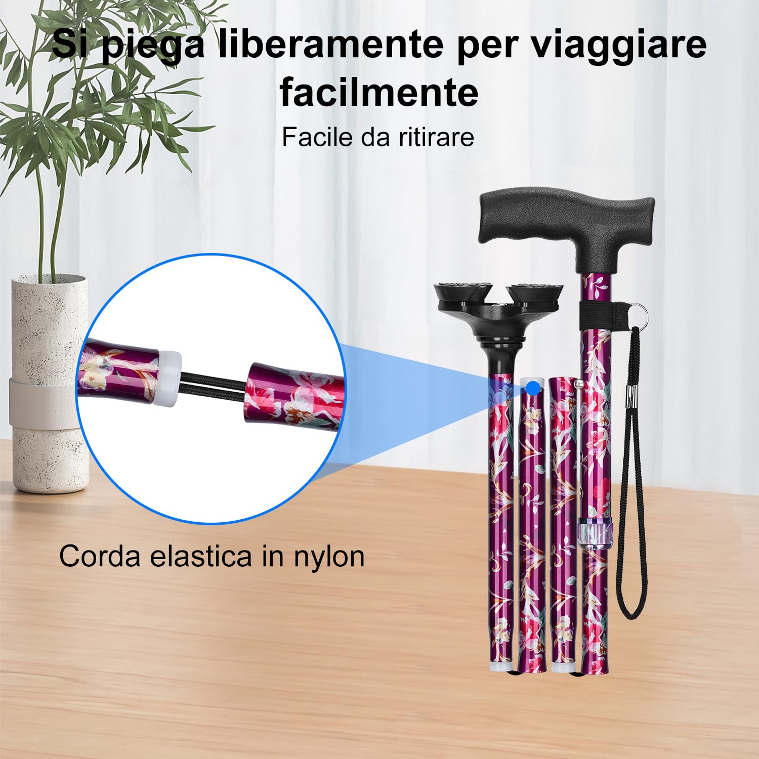 supregear Bastone per Anziani, Self-Standing 4 Zampe Bastone da Passeggio Pieghevole per la Mobilità Robusto, 5-Livello Altezza Regolabile con T-Maniglia e Anti-Perso Polso Cinghia