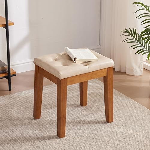 Miniatura 5 de Taburete otomano tapizado con asiento acolchado, taburete de tocador copetudo con patas de madera maciza, taburetes decorativos, piel sintética