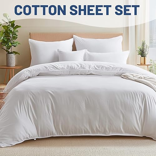 Miniatura 4 de MEISHANG Juego de 4 piezas de sábanas de algodón de 600 hilos tamaño Queen, 100% algodón de fibra larga, tejido satinado, sábanas frescas y