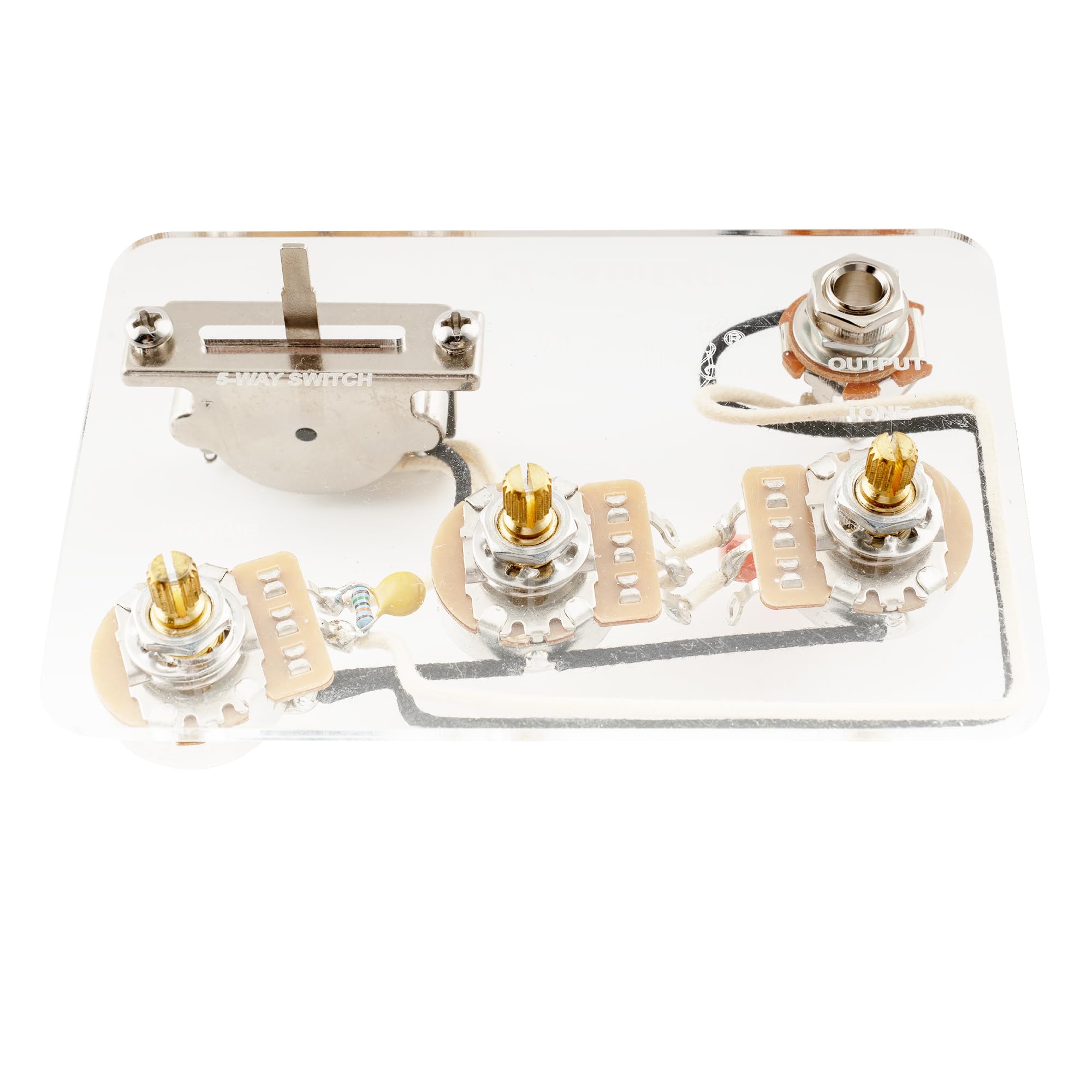 Musiclily Pro ST-Style E-Gitarren Kabelbaum Elektronik Pre-wired Wiring Harness Kit für Import Strat Style SSS Gitarre mit 5-Wege Schalter und 250K Potis, Nickel Jack