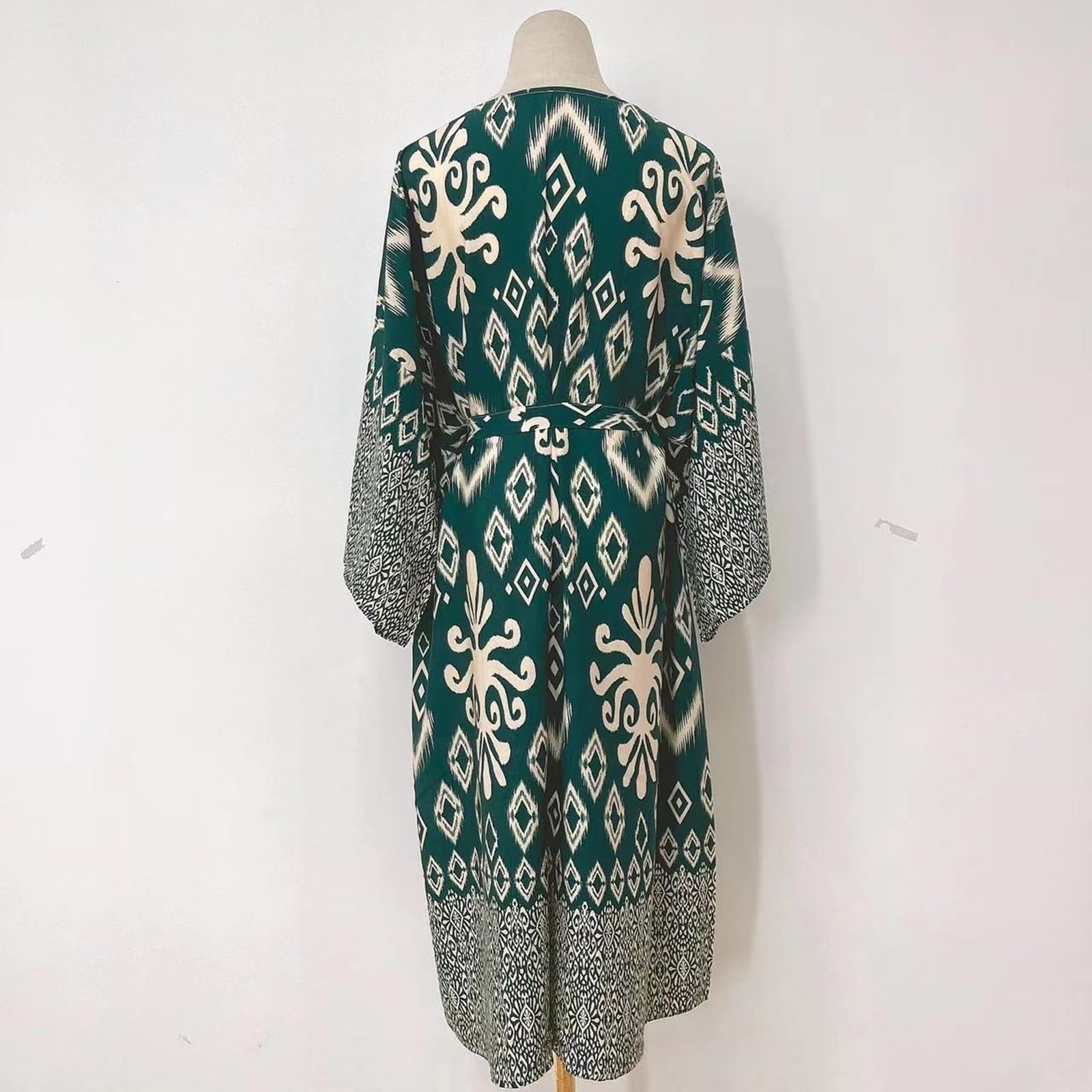 Traje de baño tipo kimono de manga larga para mujer, estampado geométrico, frente abierto, holgado, chal, vestido de playa con cinturón