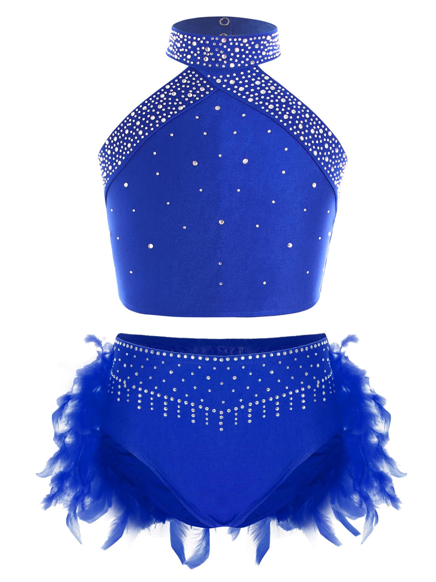 easyforever Kids Girls Shiny Rhinestone Halter Crop Tops Vest and Feather Skirt Briefs Set Performance Dancewear Blue 12 Years