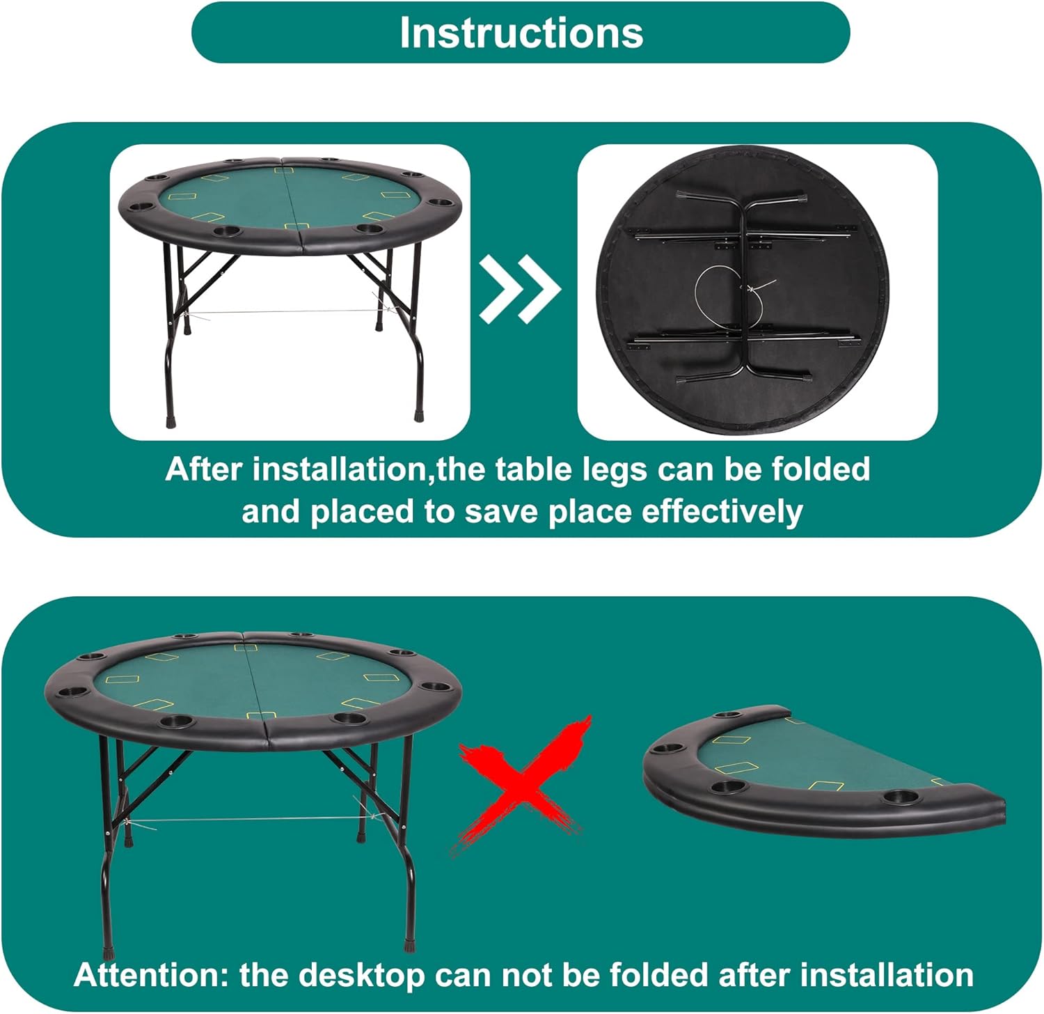 Round Folding Poker Table, 8 Players Card Table with Plastic Cup Holder, Texas Hold 'em Poker Table for Blackjack Board Game,Casino Grade Felt Surface, Green