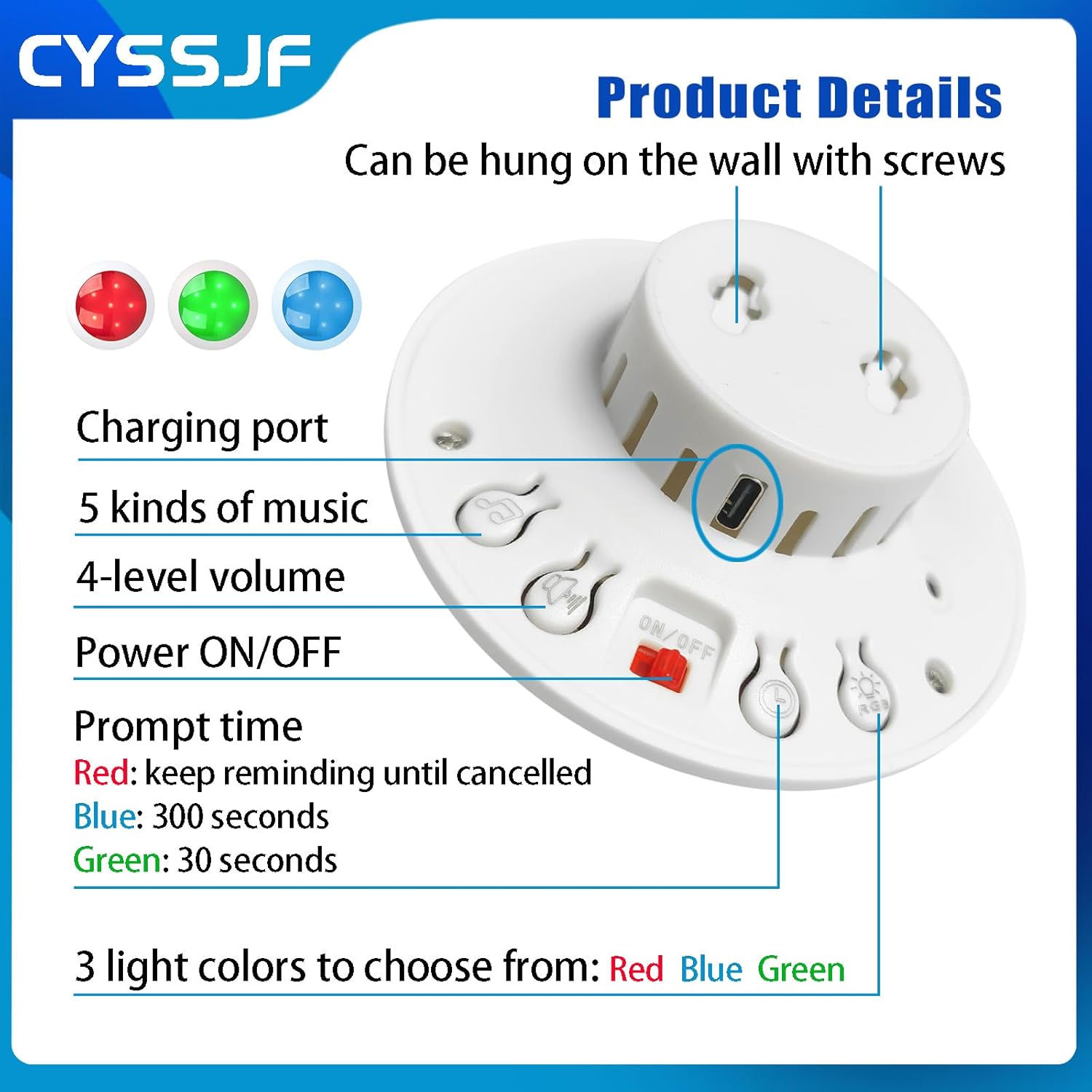 Detailed view of the receiver's back panel with labels for charging port, music, volume, power, prompt time, and light colors